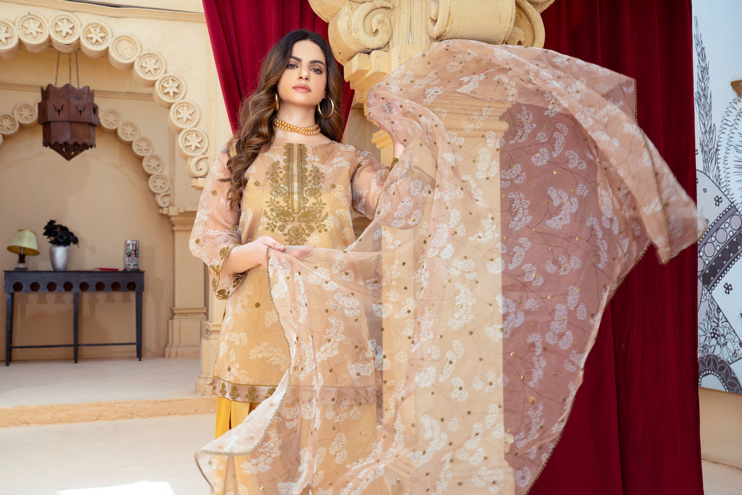 Golden Beige Organza Embroidered Shirt with Mustard Silk Farshi Shalwar – RNK5 | Noorma Kamal