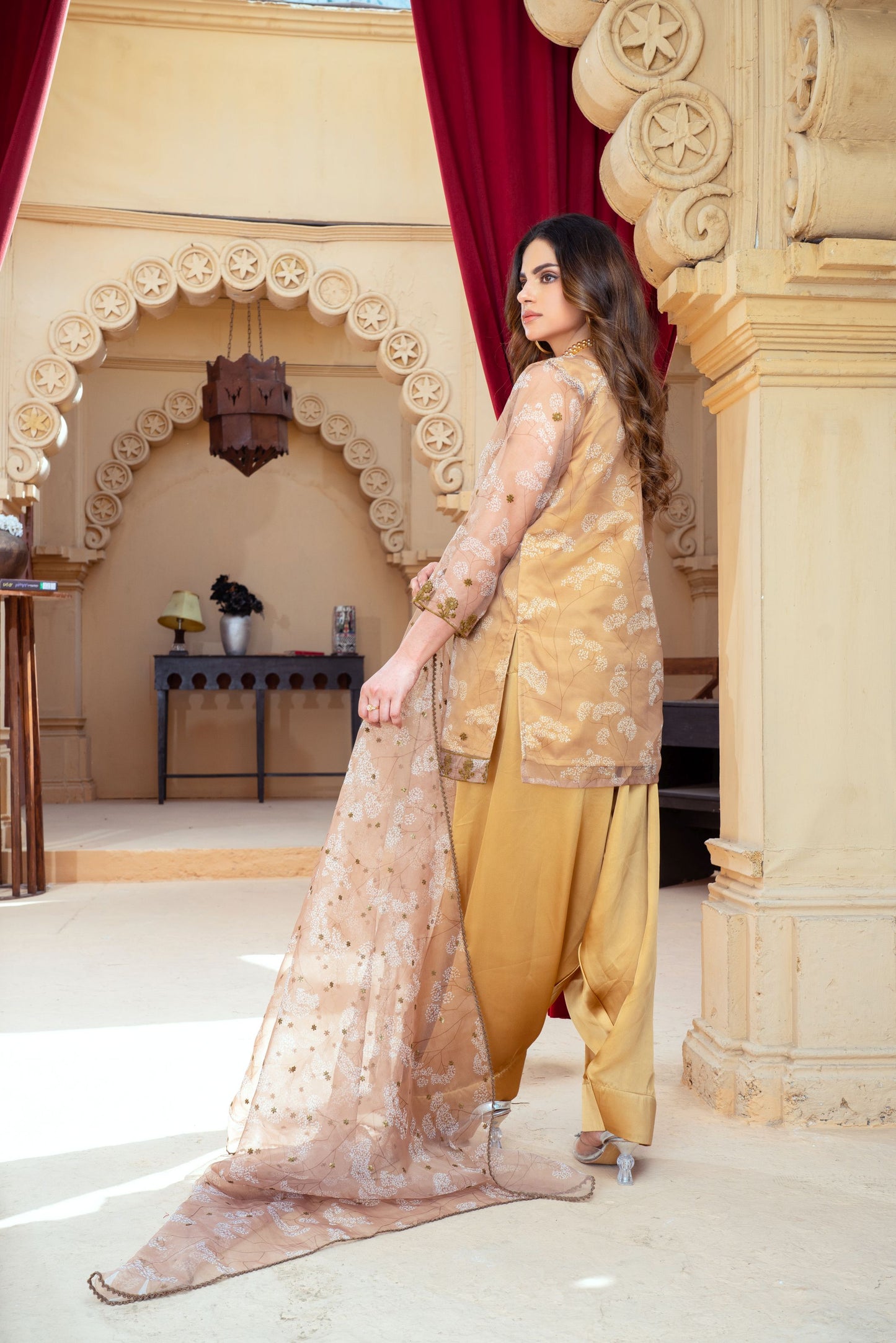 Golden Beige Organza Embroidered Shirt with Mustard Silk Farshi Shalwar – RNK5 | Noorma Kamal
