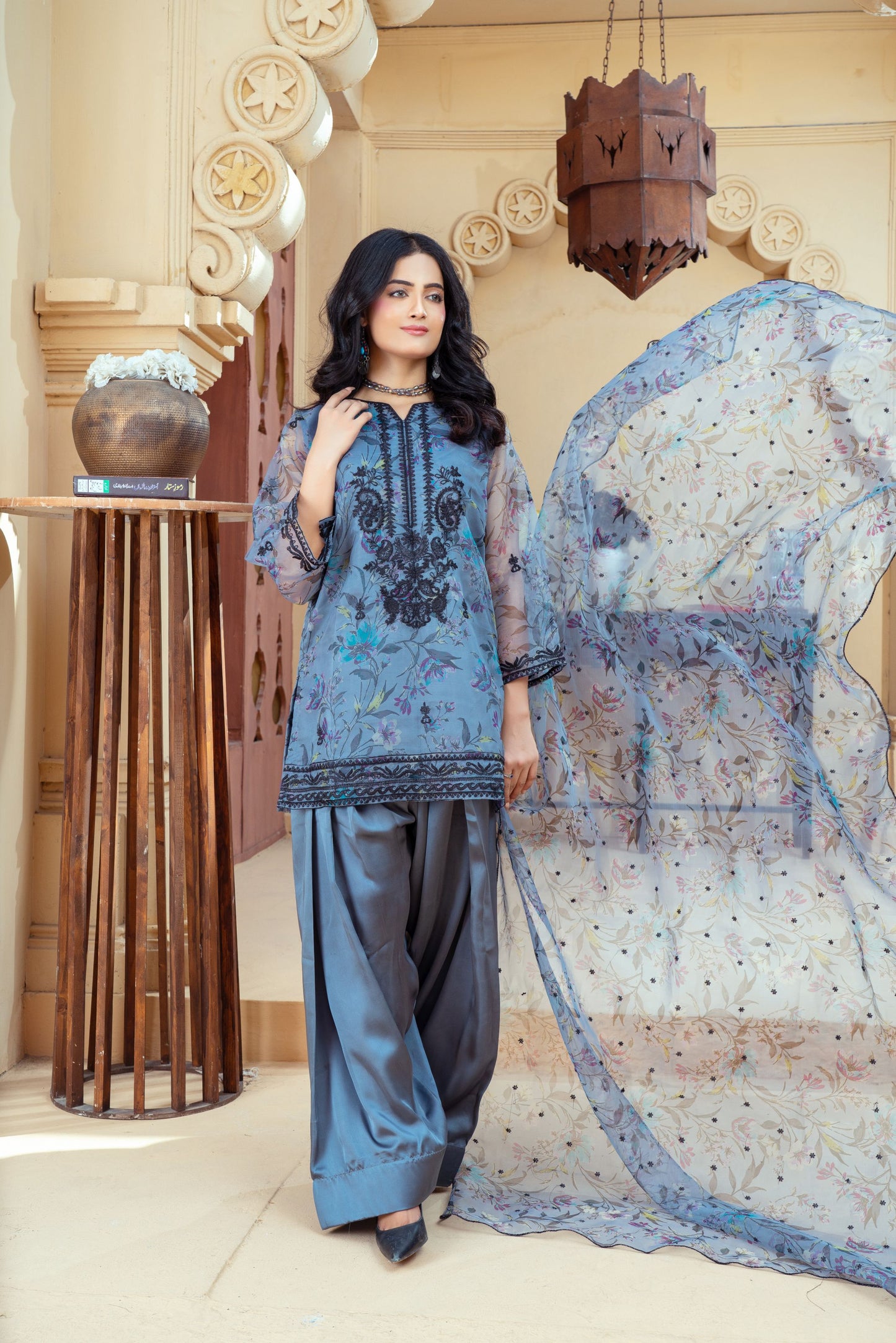 Slate Blue Organza Embroidered Shirt with Deep Charcoal Silk Farshi Shalwar – RNK4 | Noorma Kamal