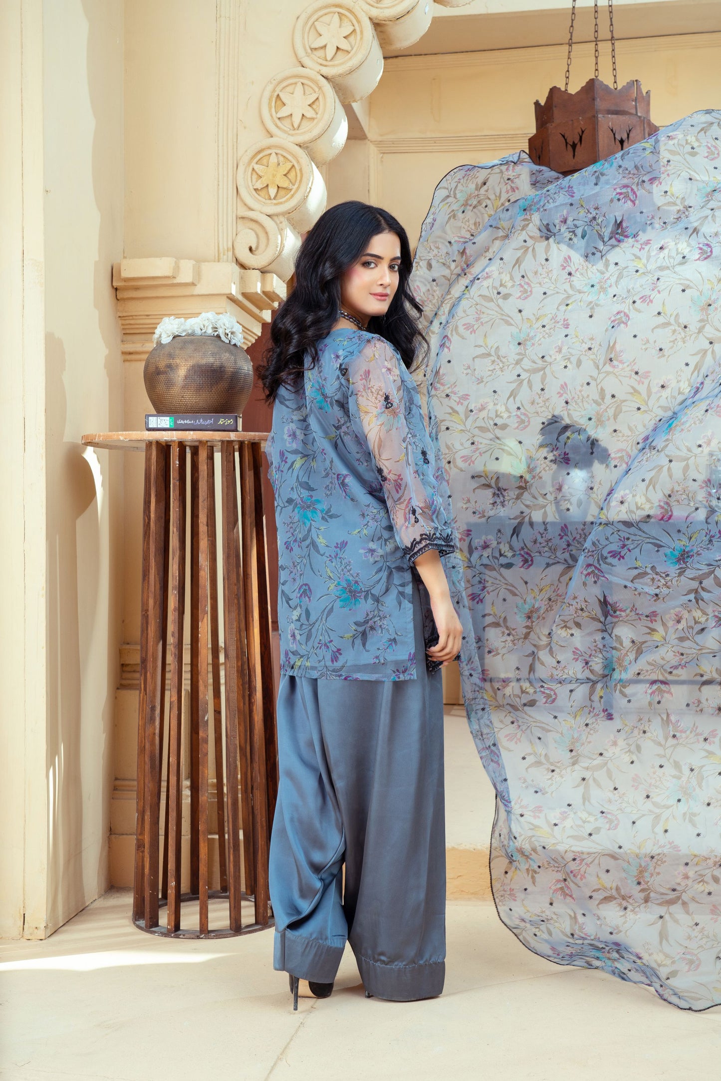 Slate Blue Organza Embroidered Shirt with Deep Charcoal Silk Farshi Shalwar – RNK4 | Noorma Kamal