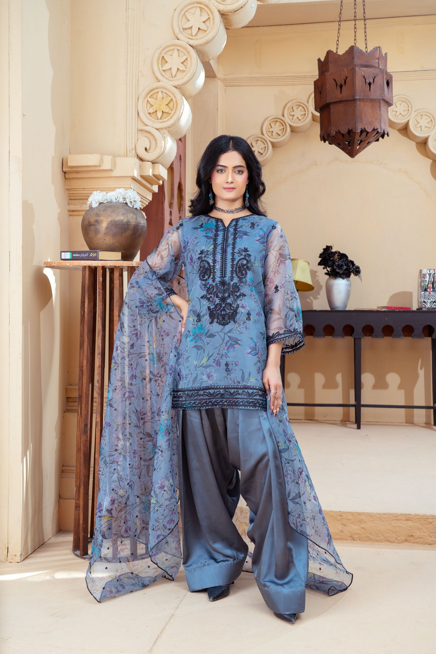 Slate Blue Organza Embroidered Shirt with Deep Charcoal Silk Farshi Shalwar – RNK4 | Noorma Kamal