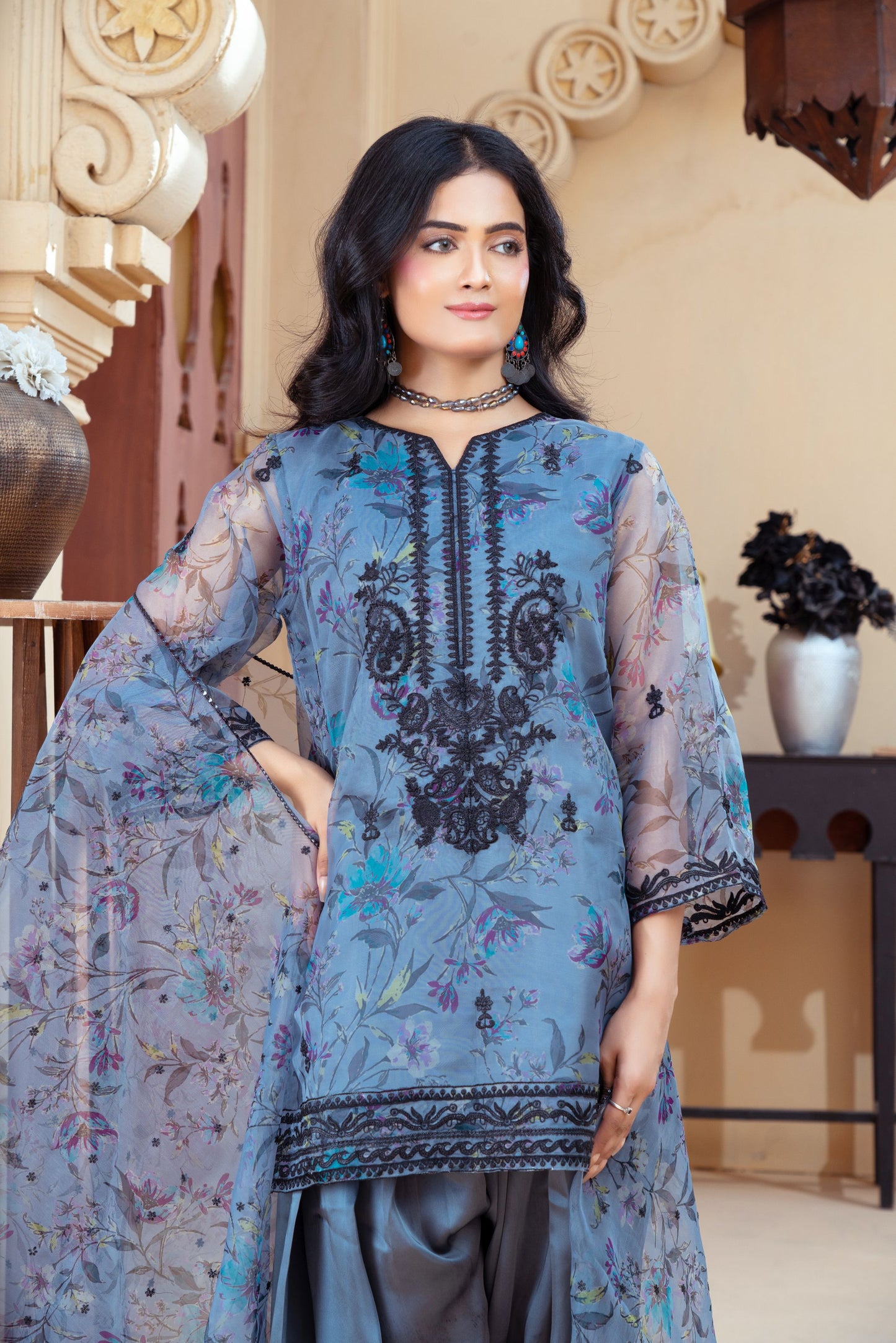 Slate Blue Organza Embroidered Shirt with Deep Charcoal Silk Farshi Shalwar – RNK4 | Noorma Kamal
