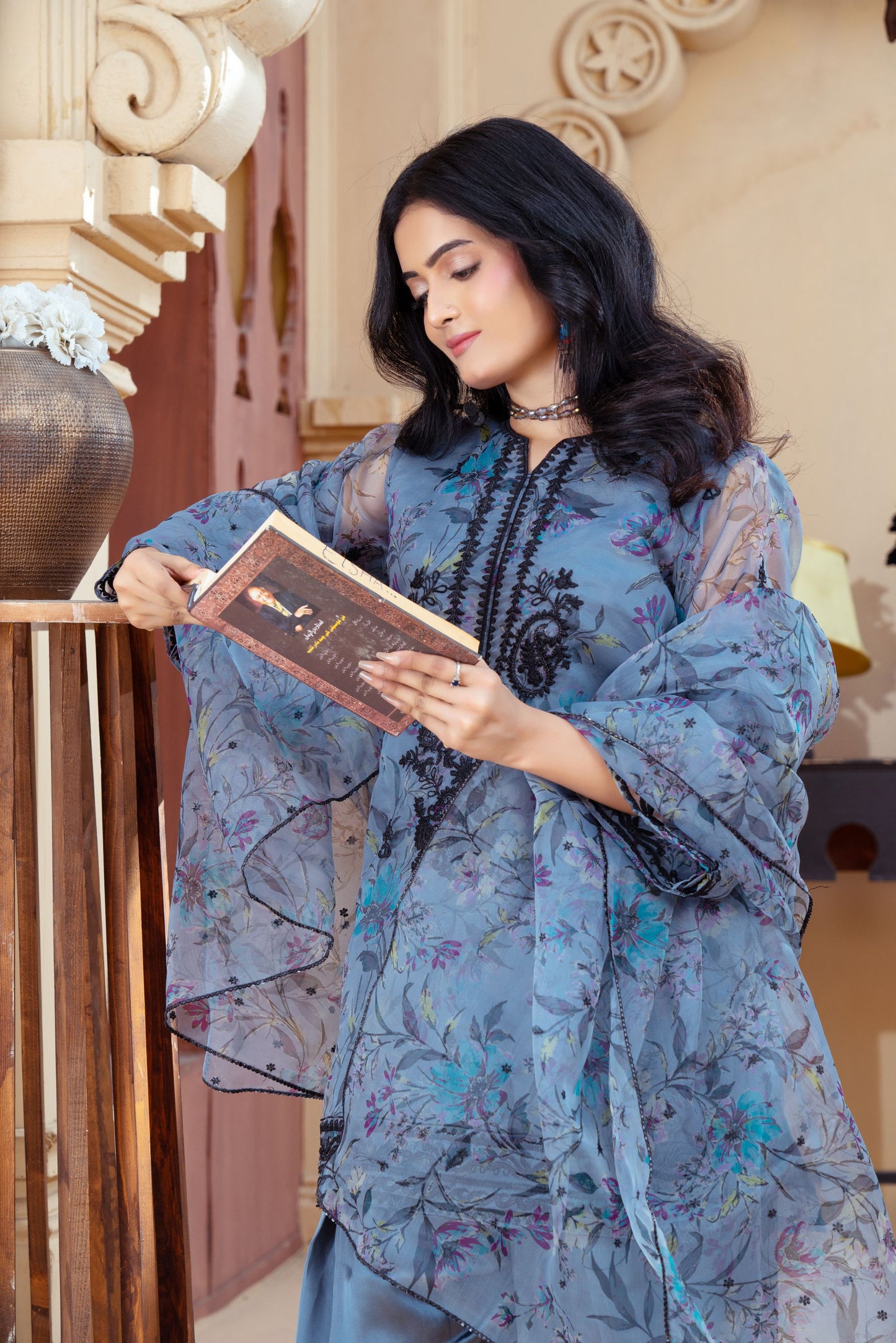 Slate Blue Organza Embroidered Shirt with Deep Charcoal Silk Farshi Shalwar – RNK4 | Noorma Kamal