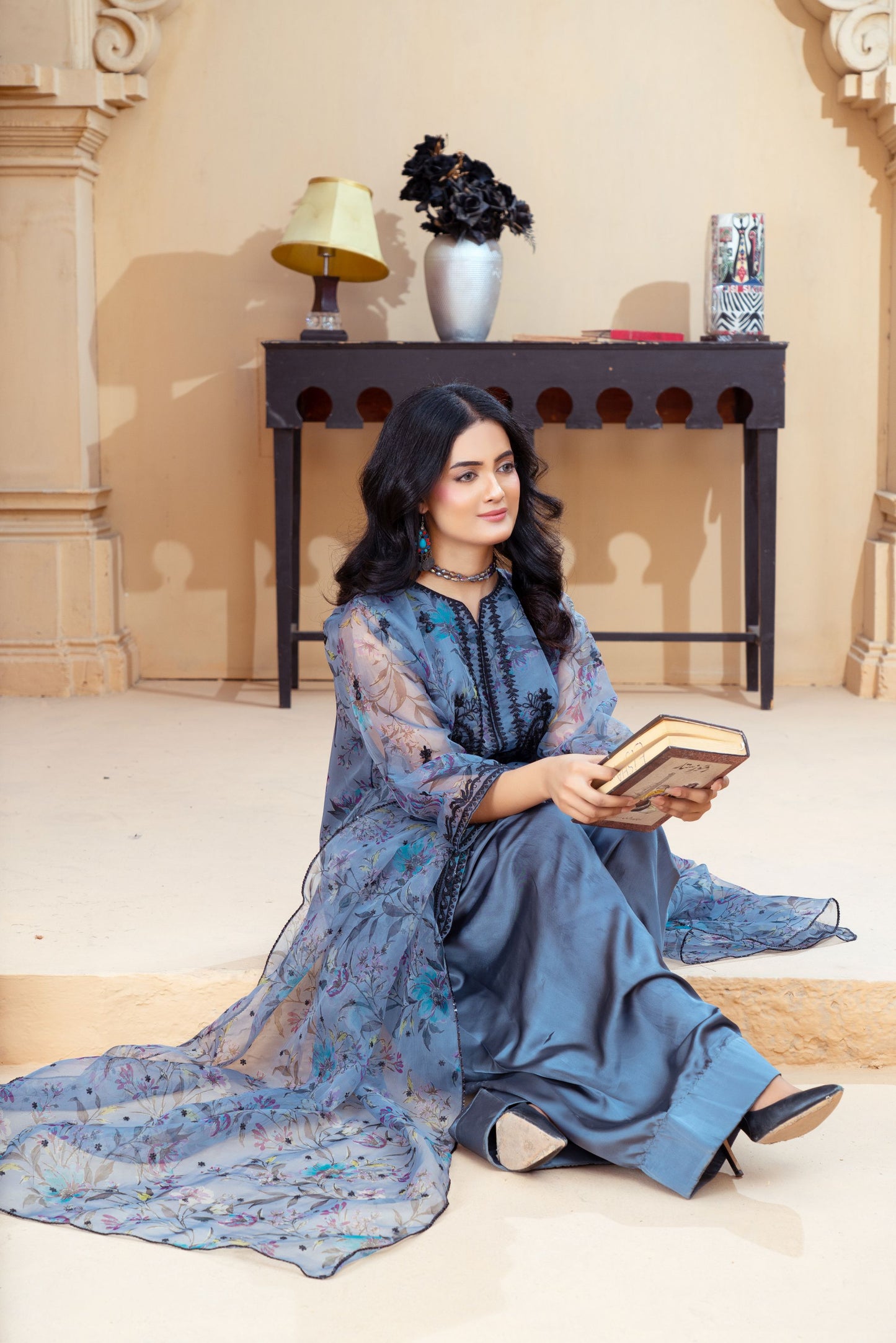 Slate Blue Organza Embroidered Shirt with Deep Charcoal Silk Farshi Shalwar – RNK4 | Noorma Kamal