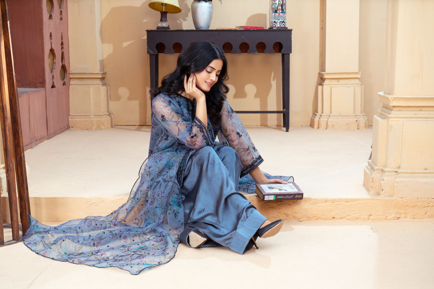 Slate Blue Organza Embroidered Shirt with Deep Charcoal Silk Farshi Shalwar – RNK4 | Noorma Kamal