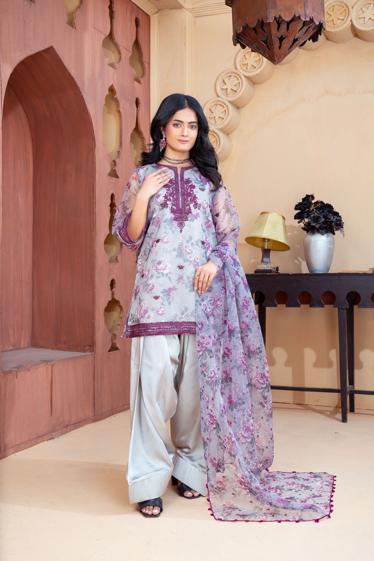 Dusty Lilac Organza Embroidered Shirt with Grey Silk Farshi Shalwar – RNK3 | Noorma Kamal