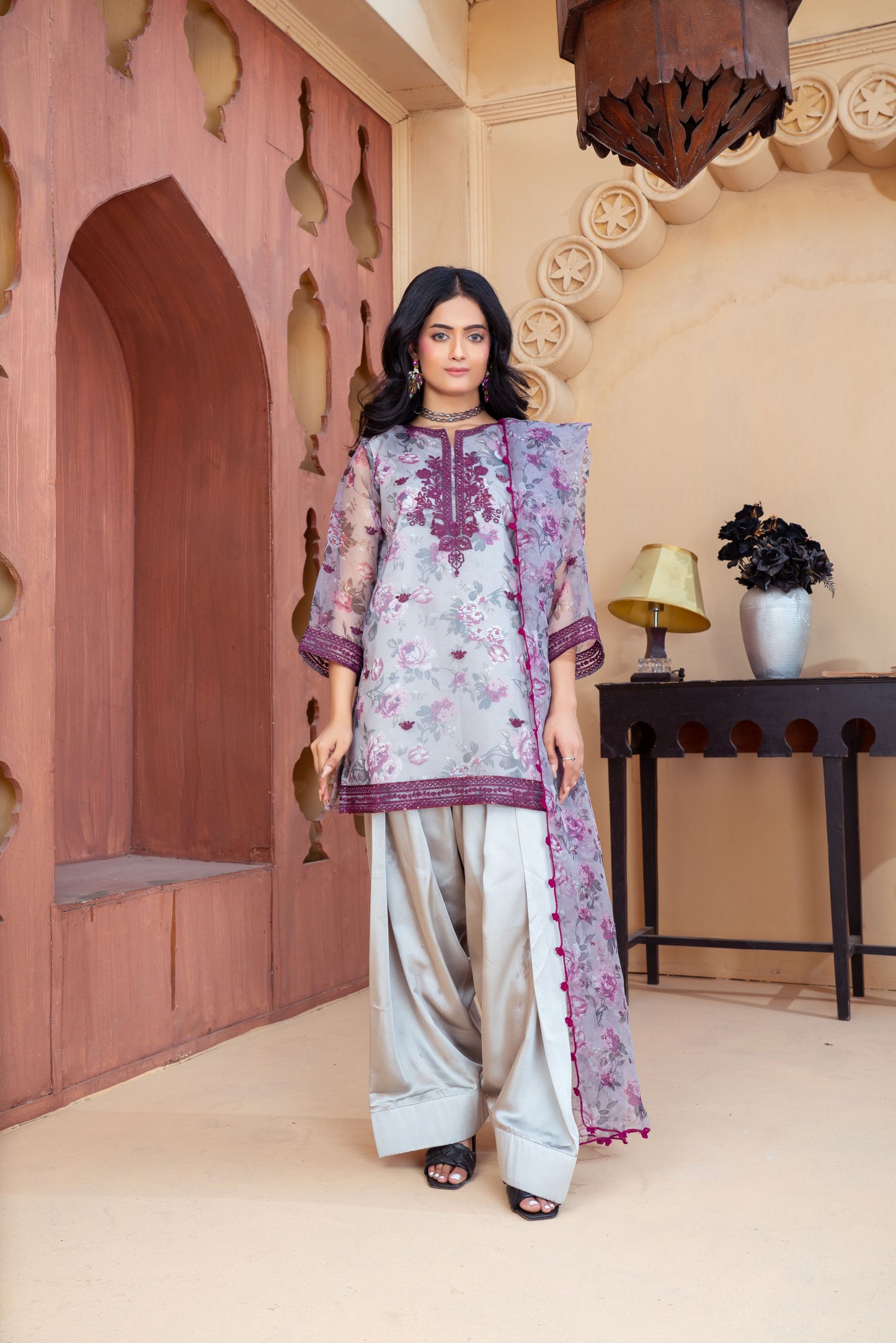 Dusty Lilac Organza Embroidered Shirt with Grey Silk Farshi Shalwar – RNK3 | Noorma Kamal