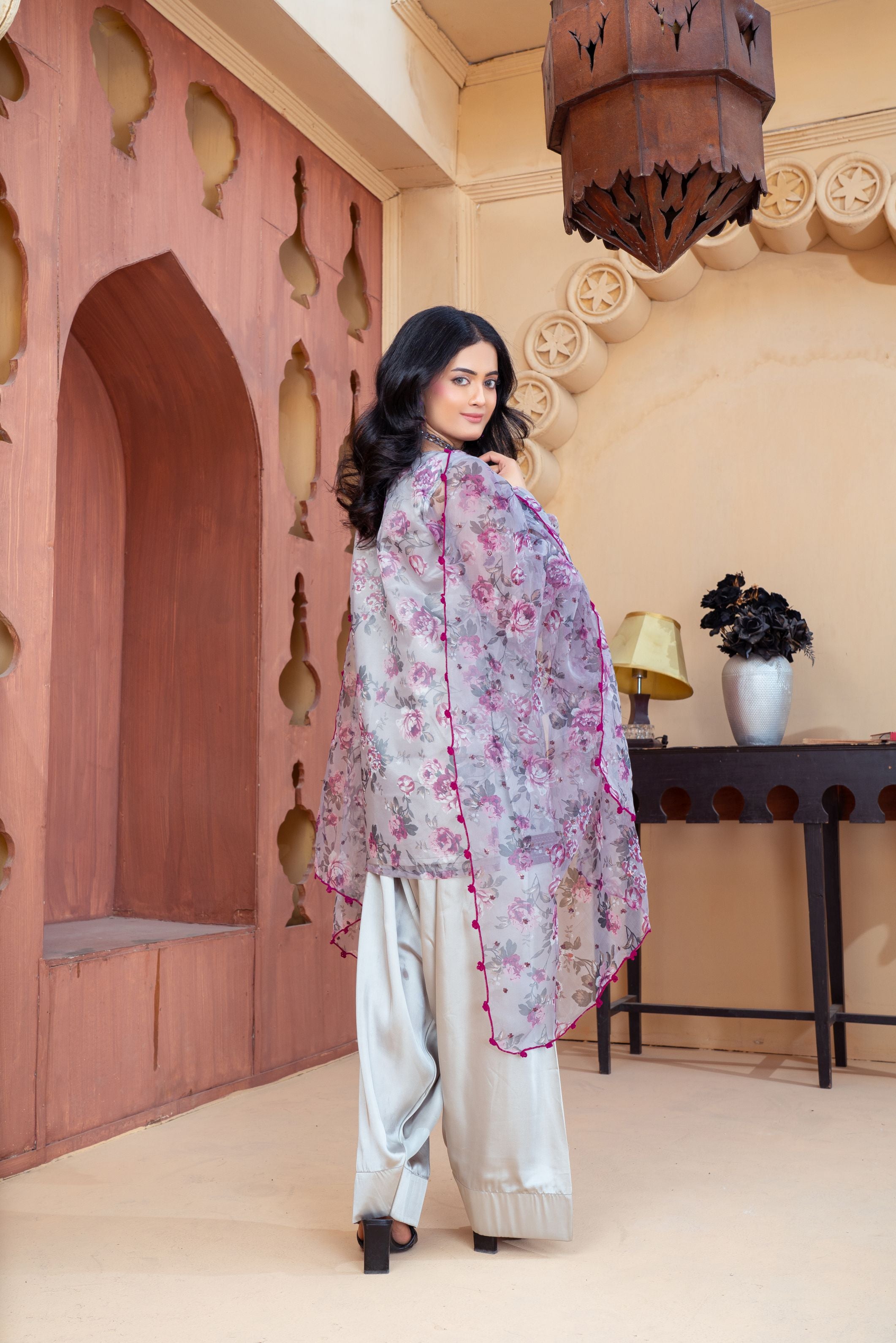 Dusty Lilac Organza Embroidered Shirt with Grey Silk Farshi Shalwar – RNK3 | Noorma Kamal