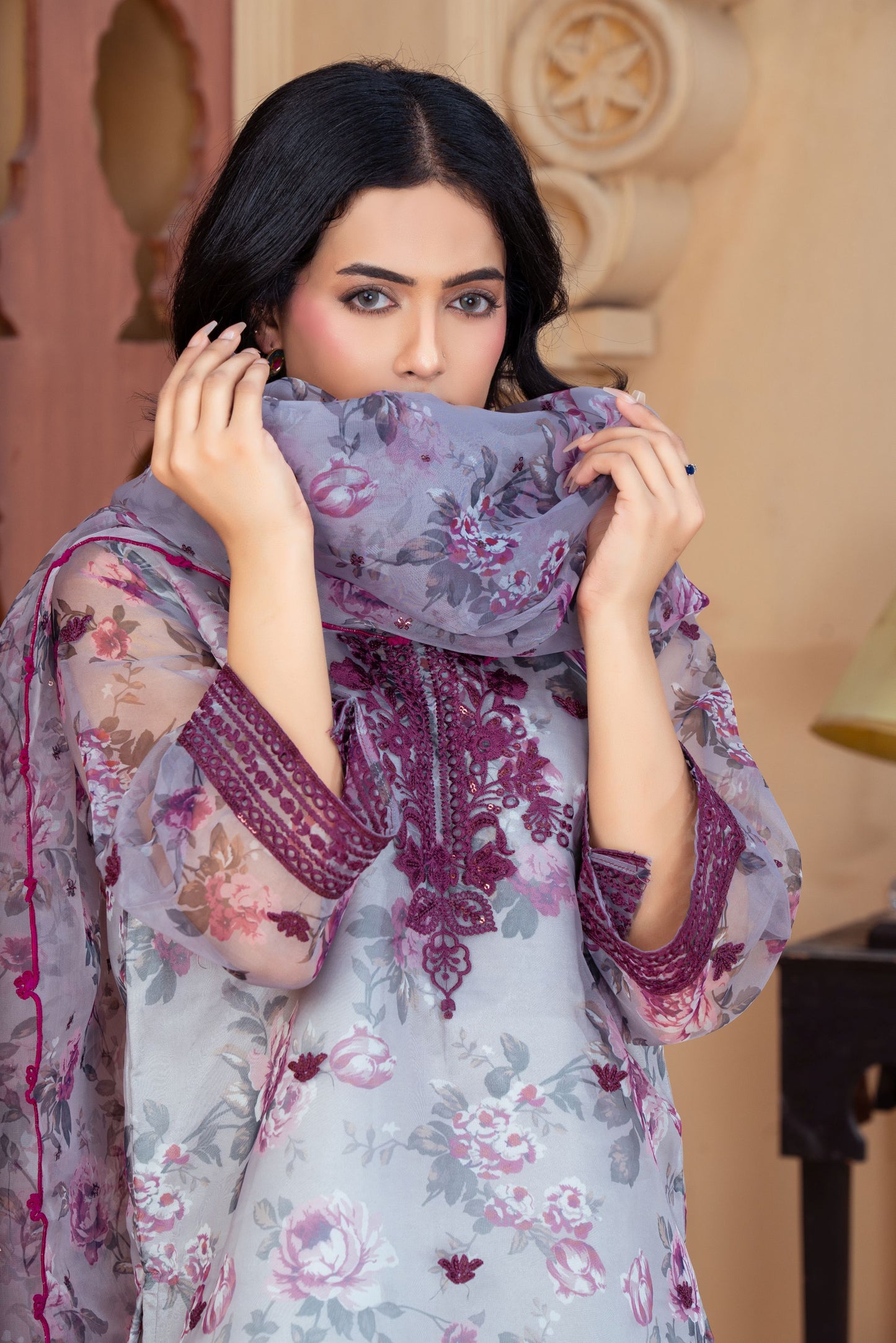 Dusty Lilac Organza Embroidered Shirt with Grey Silk Farshi Shalwar – RNK3 | Noorma Kamal