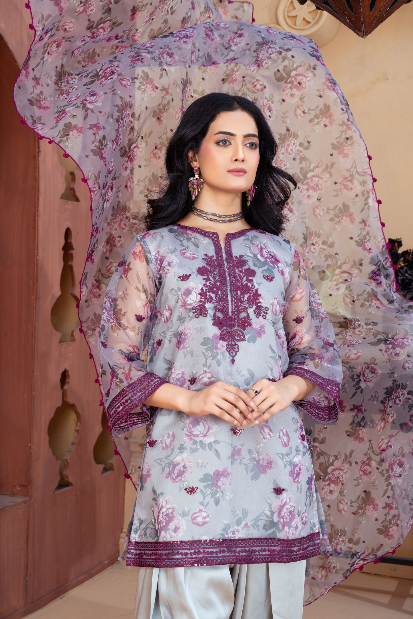 Dusty Lilac Organza Embroidered Shirt with Grey Silk Farshi Shalwar – RNK3 | Noorma Kamal