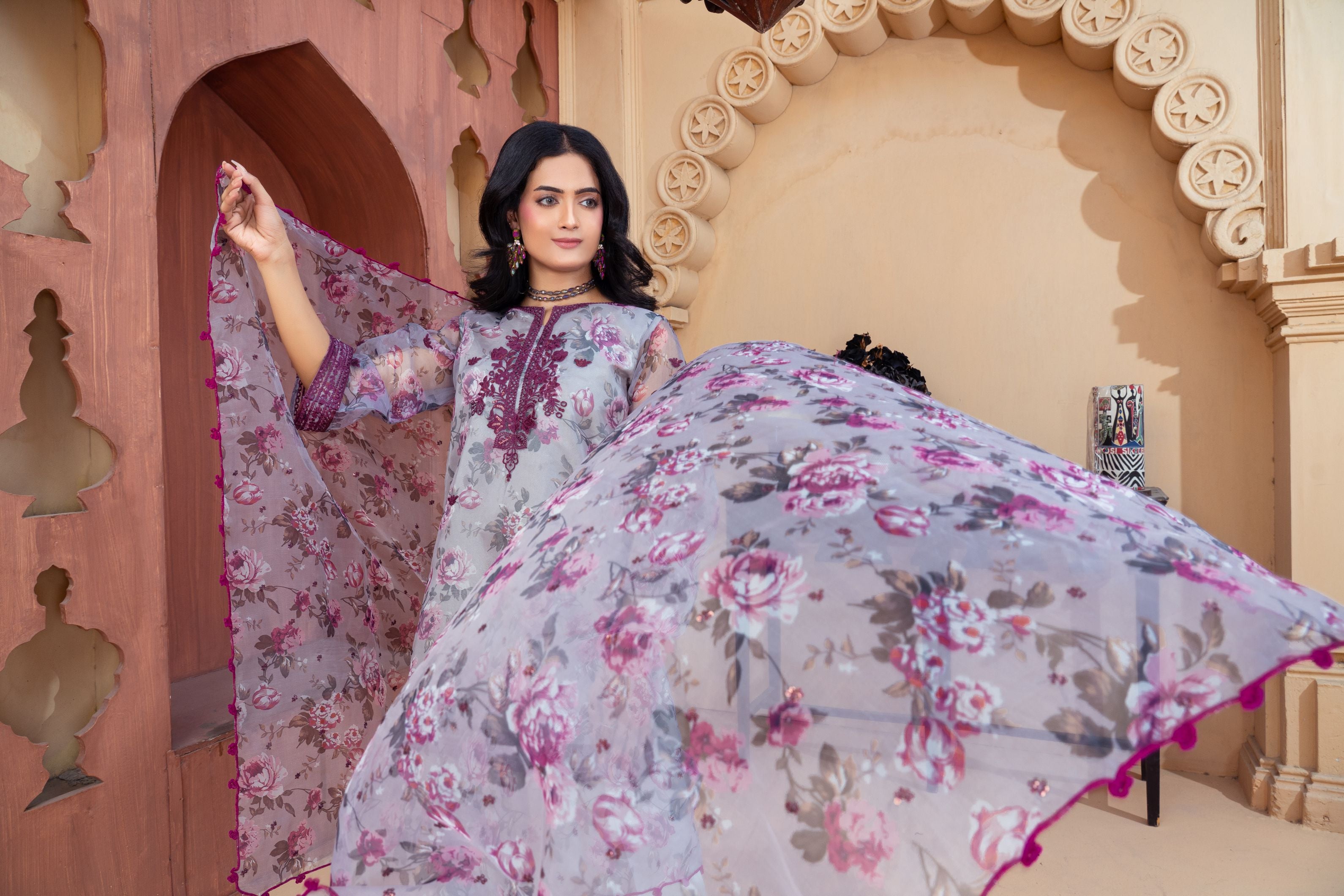 Dusty Lilac Organza Embroidered Shirt with Grey Silk Farshi Shalwar – RNK3 | Noorma Kamal