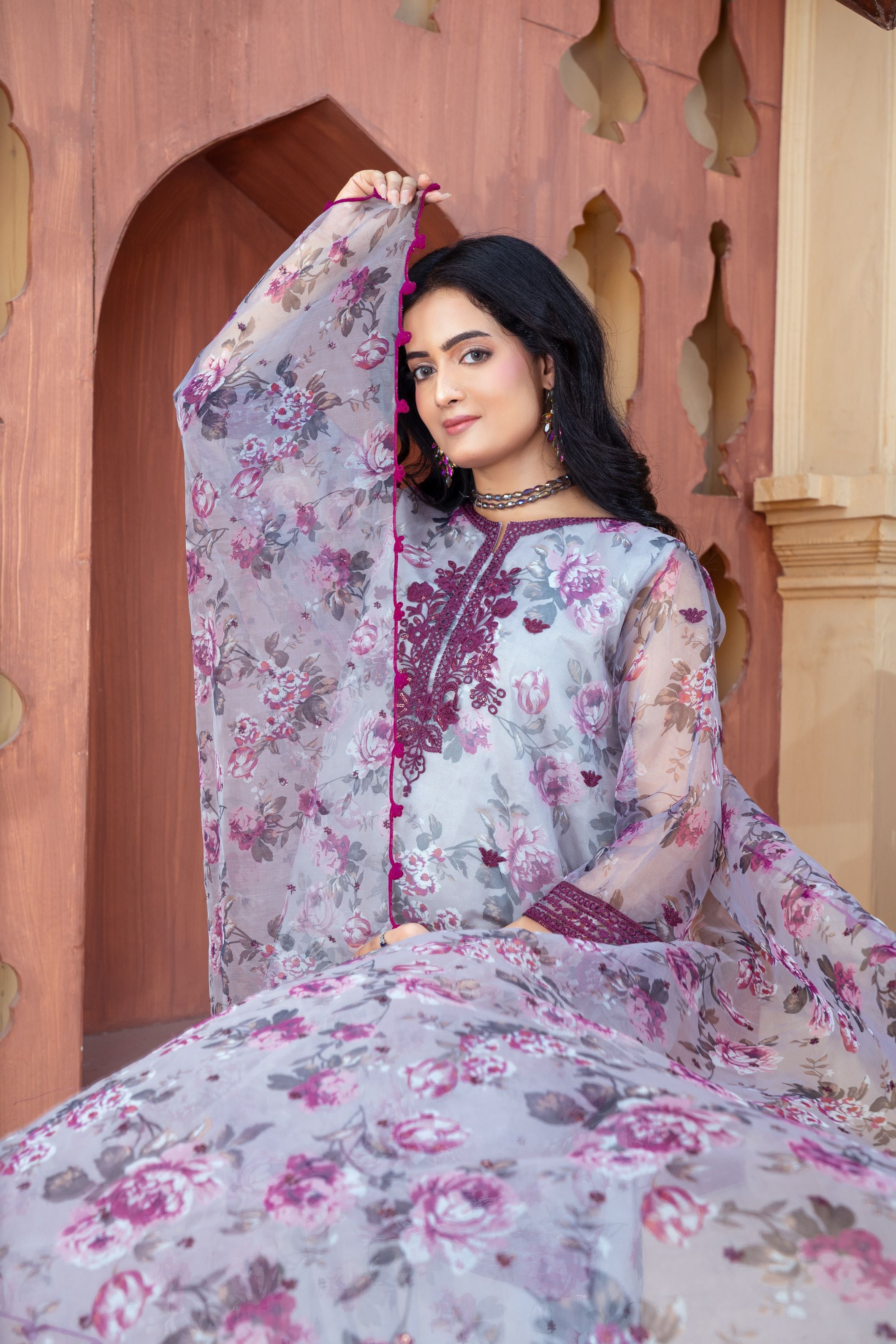 Dusty Lilac Organza Embroidered Shirt with Grey Silk Farshi Shalwar – RNK3 | Noorma Kamal