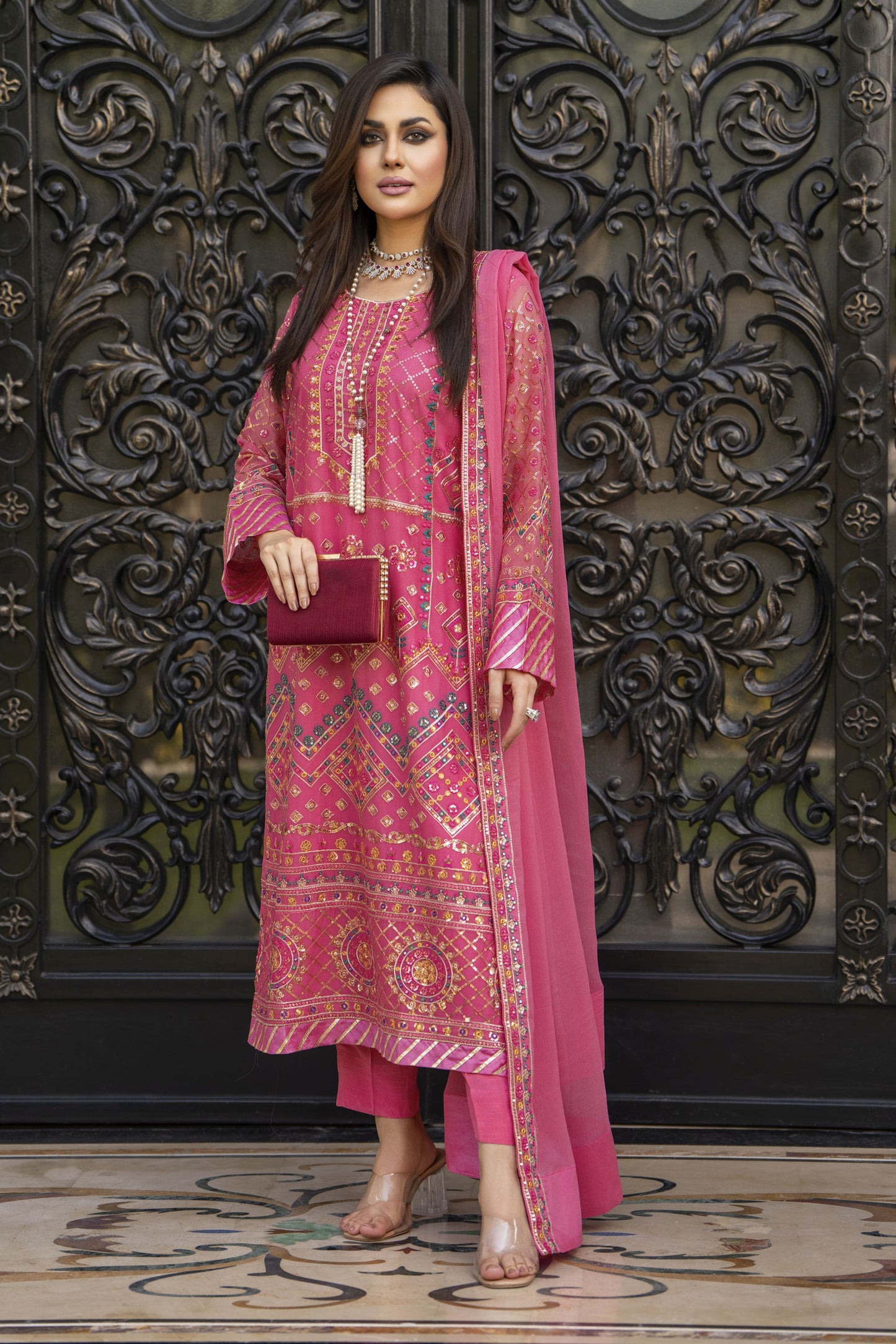Fuchsia Pink Embroidered Chiffon Eid Dress – Chand Sa Libaas by Aleezay | CSLA3