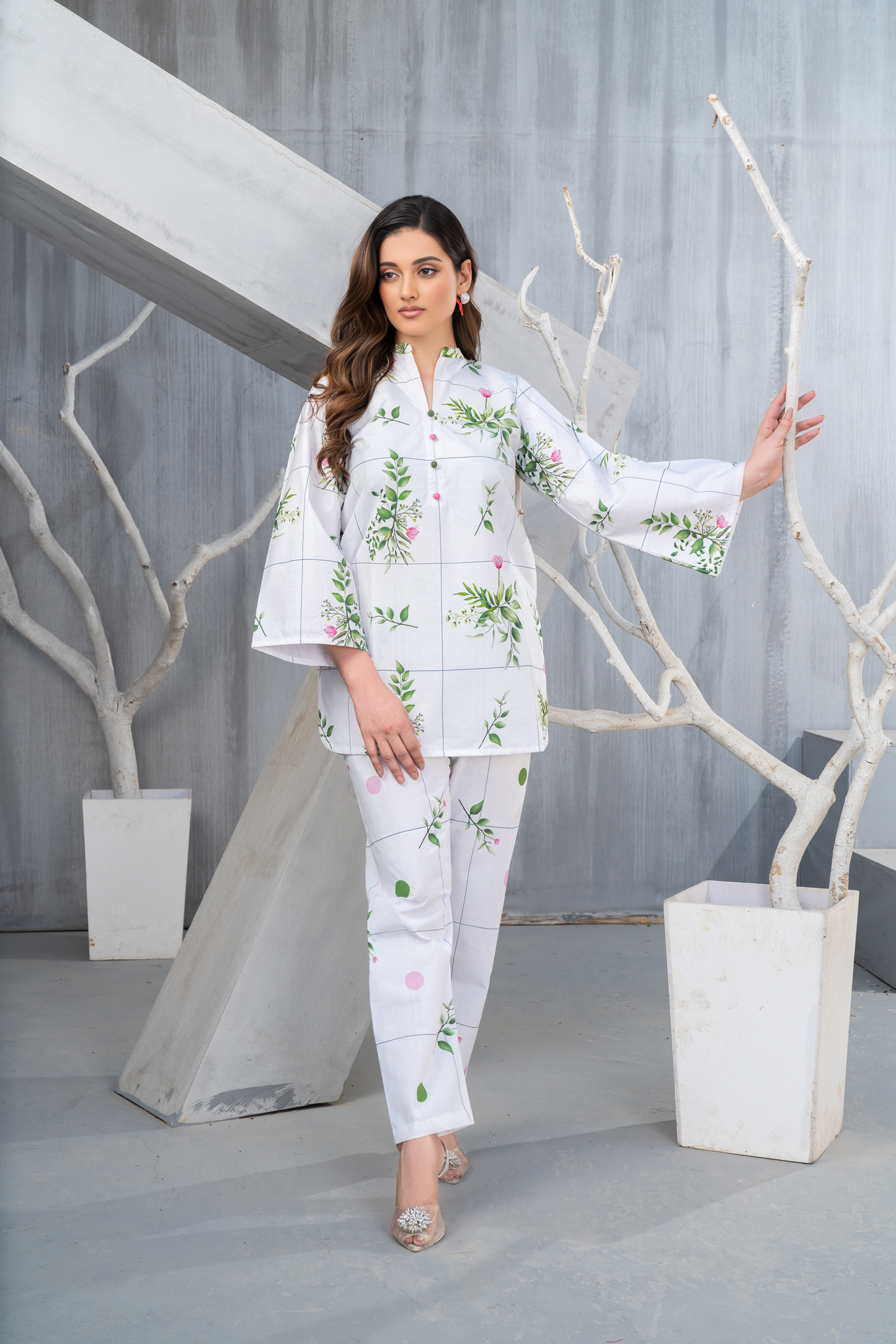NK Everyday Lawn Co-ords – White Grid Floral Printed Shirt & Trousers Set NKE4