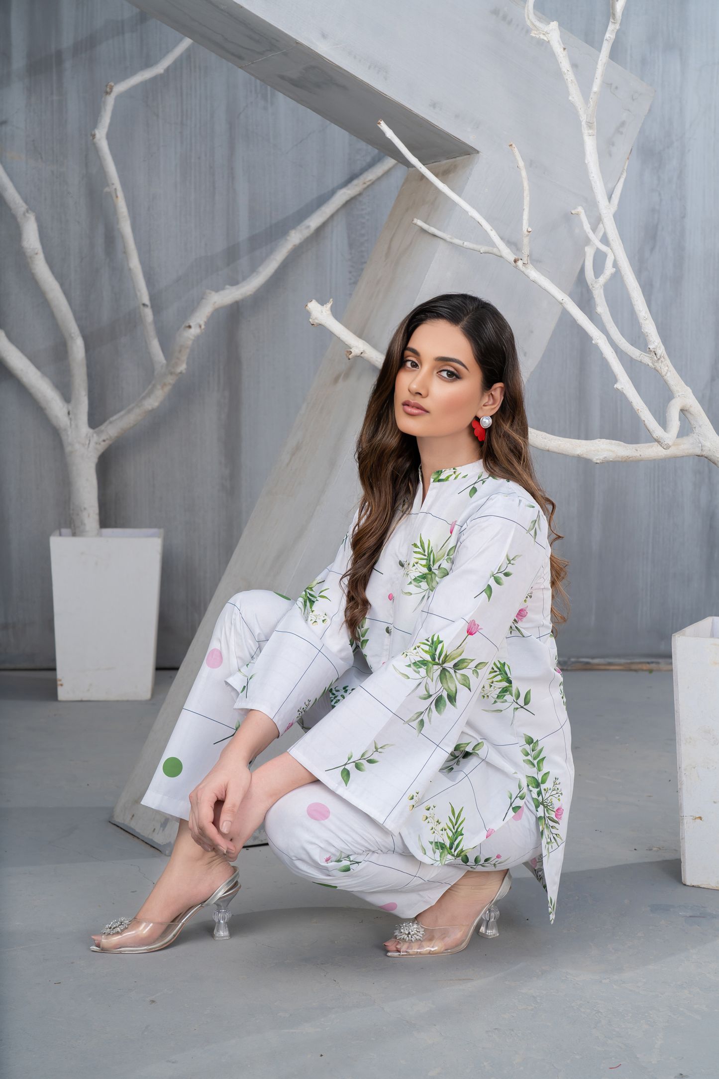 NK Everyday Lawn Co-ords – White Grid Floral Printed Shirt & Trousers Set NKE4