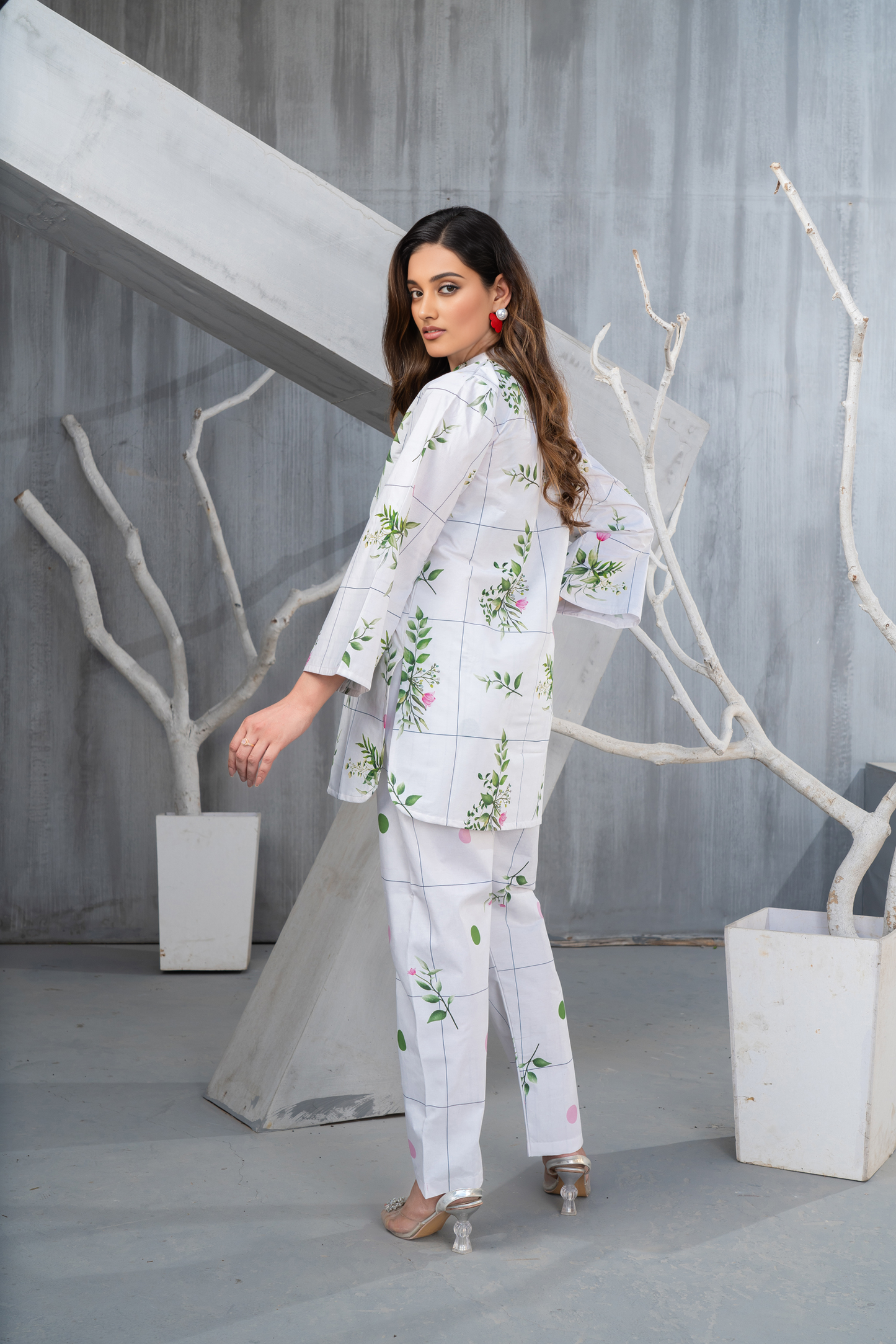 NK Everyday Lawn Co-ords – White Grid Floral Printed Shirt & Trousers Set NKE4
