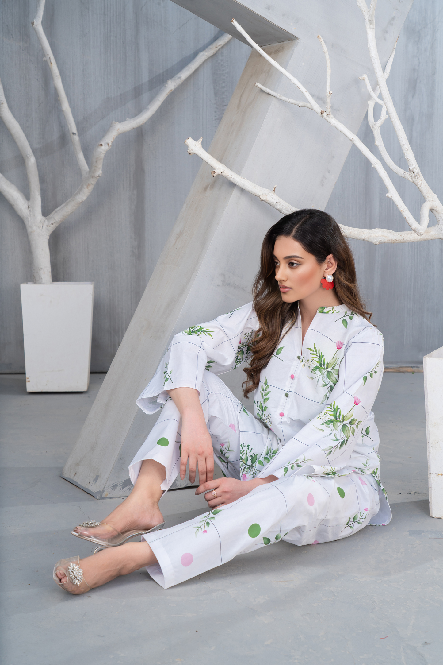 NK Everyday Lawn Co-ords – White Grid Floral Printed Shirt & Trousers Set NKE4