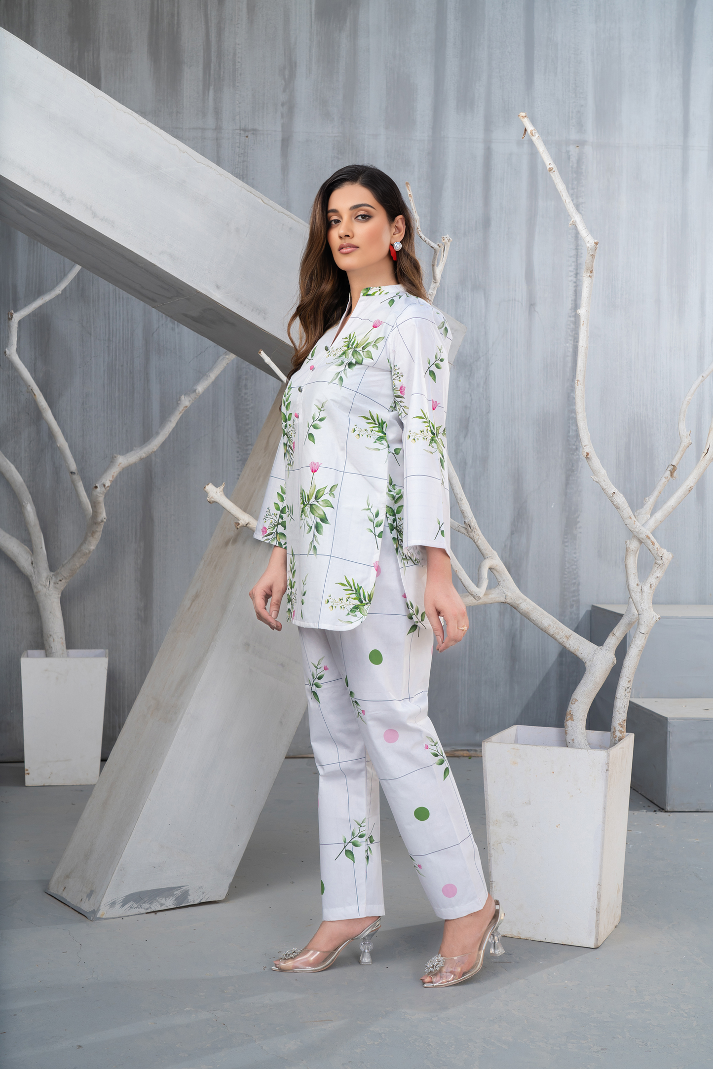 NK Everyday Lawn Co-ords – White Grid Floral Printed Shirt & Trousers Set NKE4