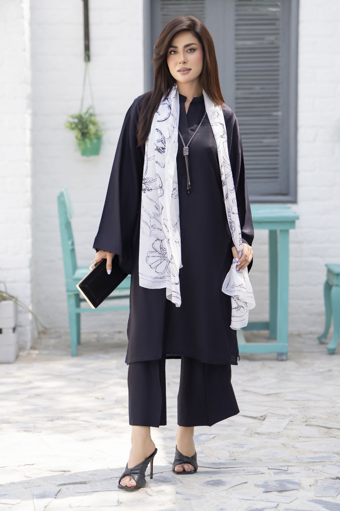 Classic Black 3-Piece Poly Raw Silk Suit with White Printed Silk Scarf | Essentials by Miski – EBM7