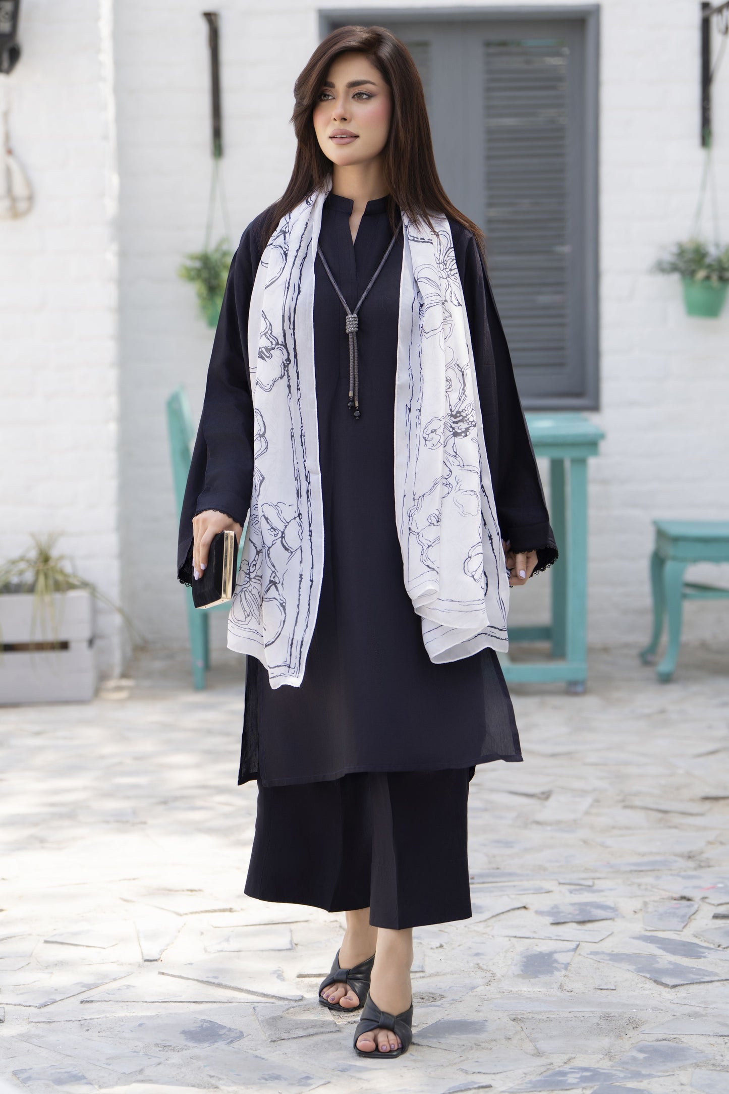 Classic Black 3-Piece Poly Raw Silk Suit with White Printed Silk Scarf | Essentials by Miski – EBM7