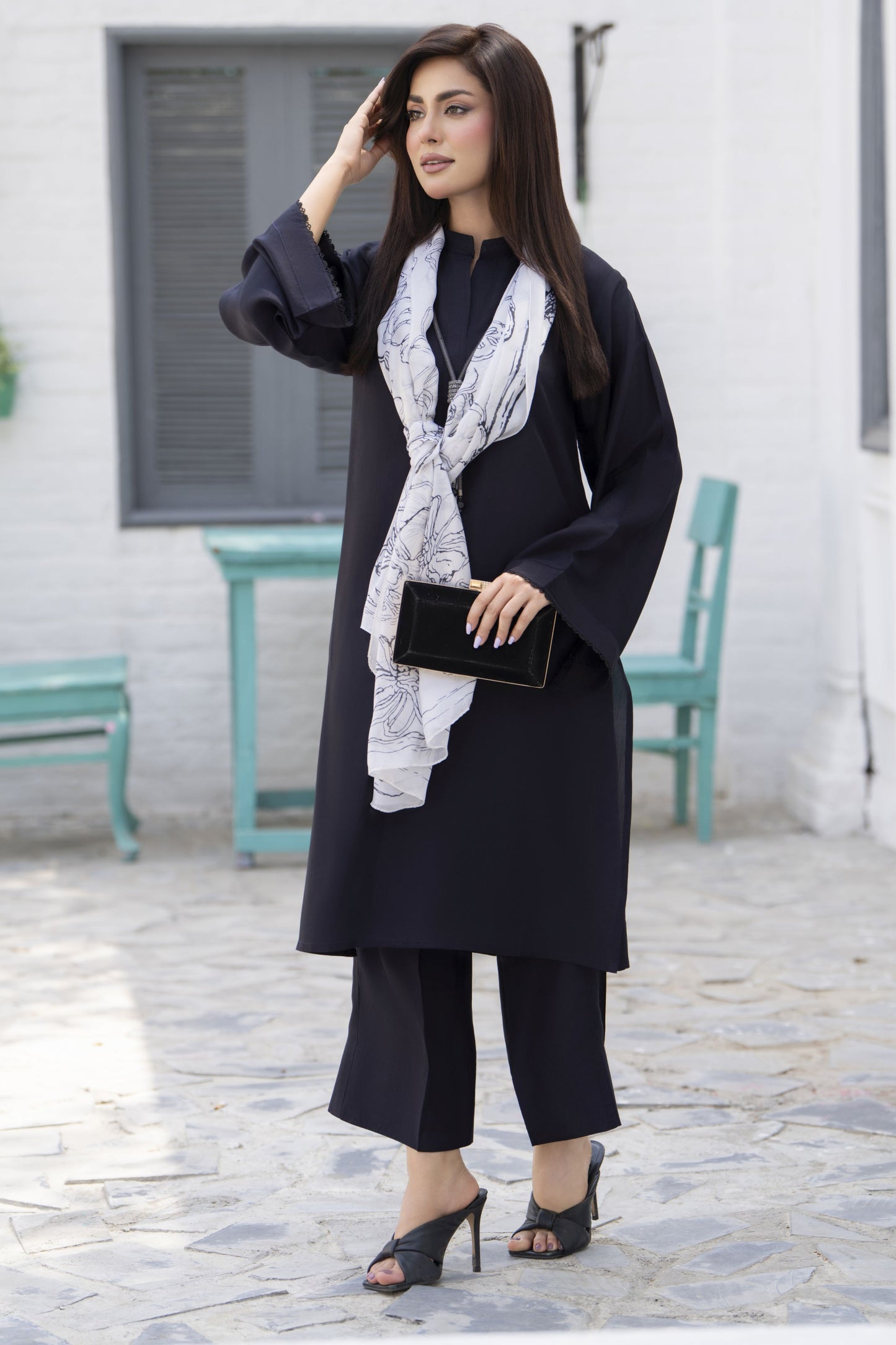 Classic Black 3-Piece Poly Raw Silk Suit with White Printed Silk Scarf | Essentials by Miski – EBM7