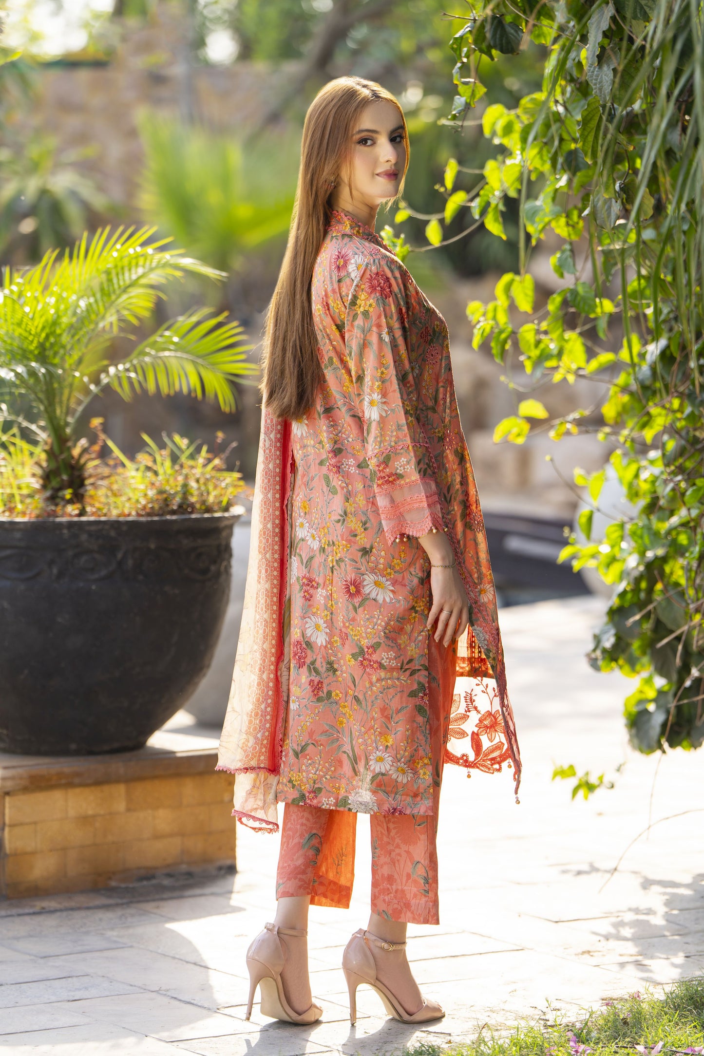 Coral Pink Chikankari 3pc Lawn Suit Rangrez by Sakeena Hasan RBS5