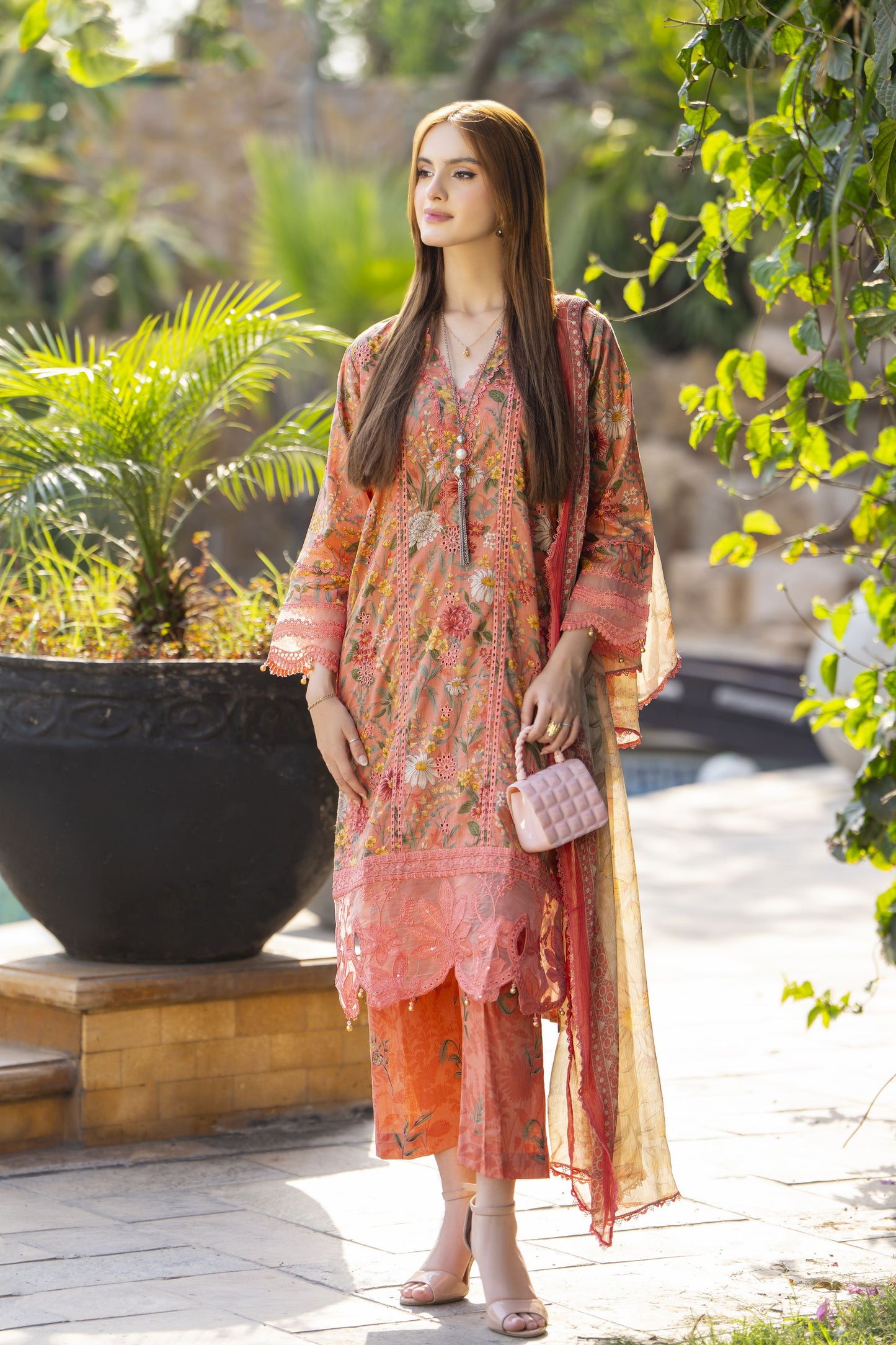 Coral Pink Chikankari 3pc Lawn Suit Rangrez by Sakeena Hasan RBS5
