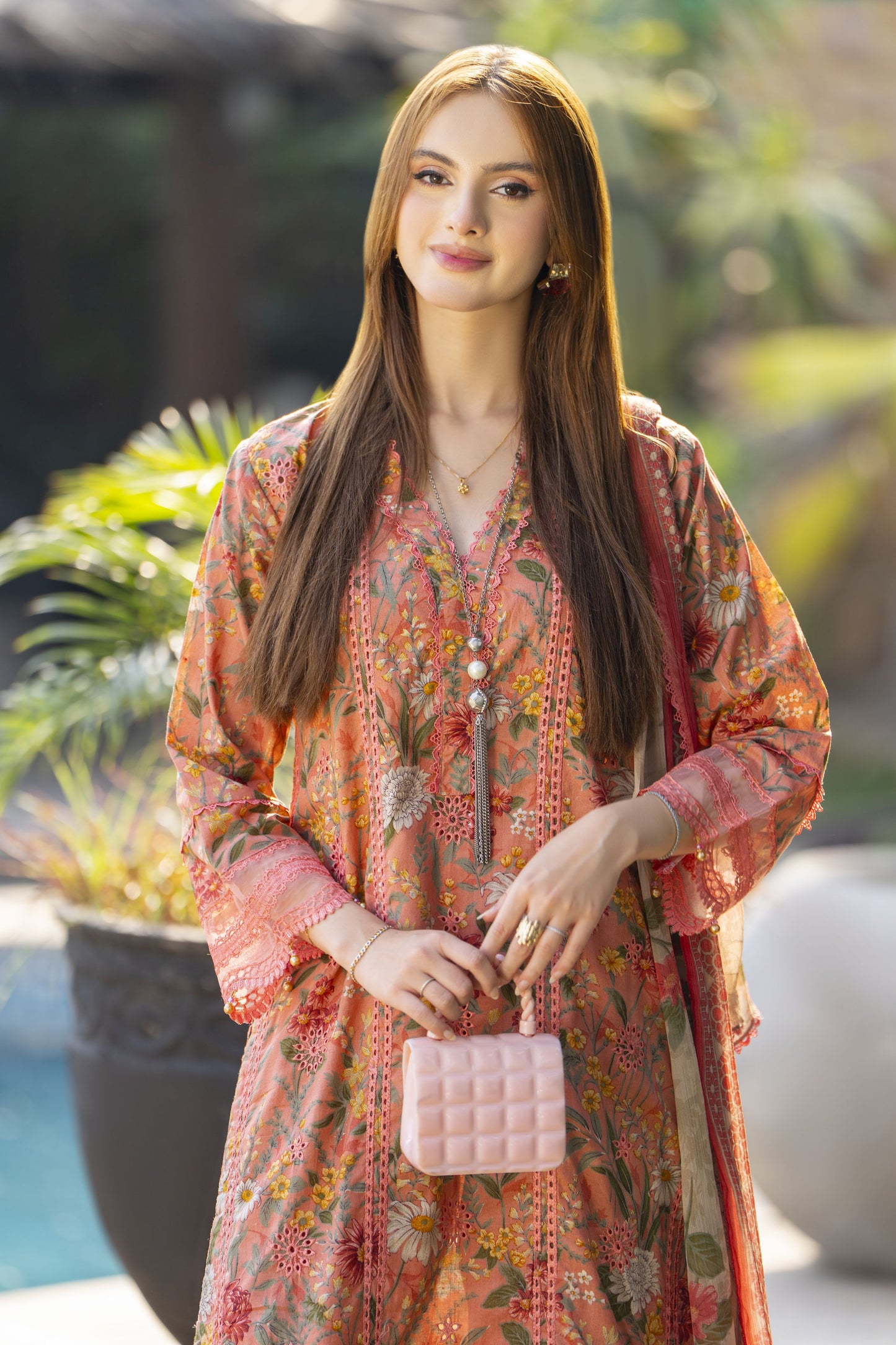 Coral Pink Chikankari 3pc Lawn Suit Rangrez by Sakeena Hasan RBS5