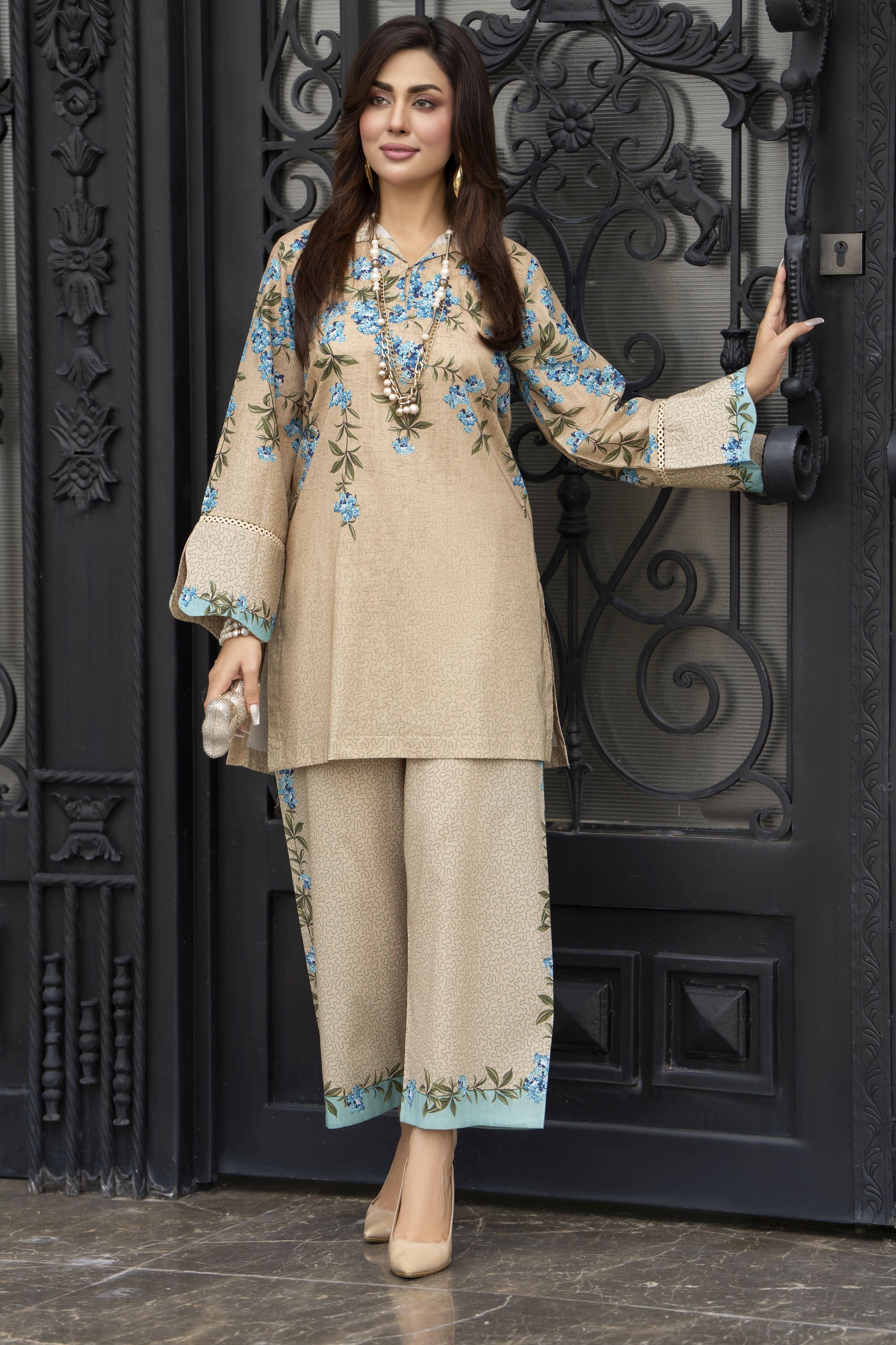 Dawn Petals by Sahar Beige Co-ord Set with Blue Floral Print DPS5