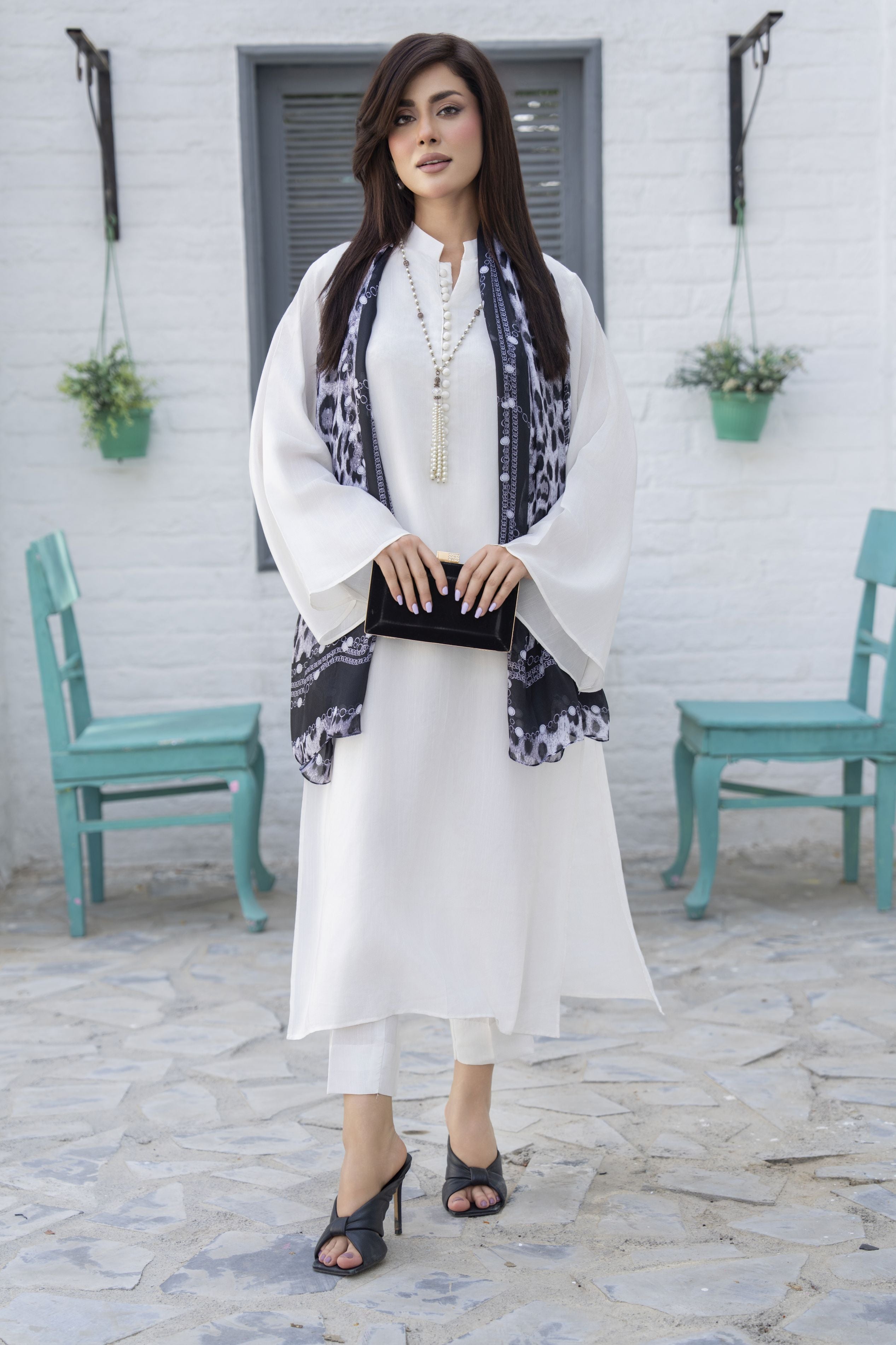 Ivory 3-Piece Poly Raw Silk Suit with Monochrome Printed Silk Scarf | Essentials by Miski – EBM5
