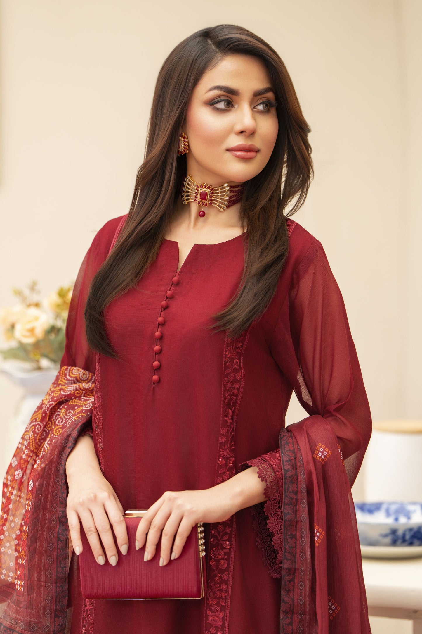 Maroon 3PC Farshi Shalwar Dress by Bahaar e Gul Warun BGW05