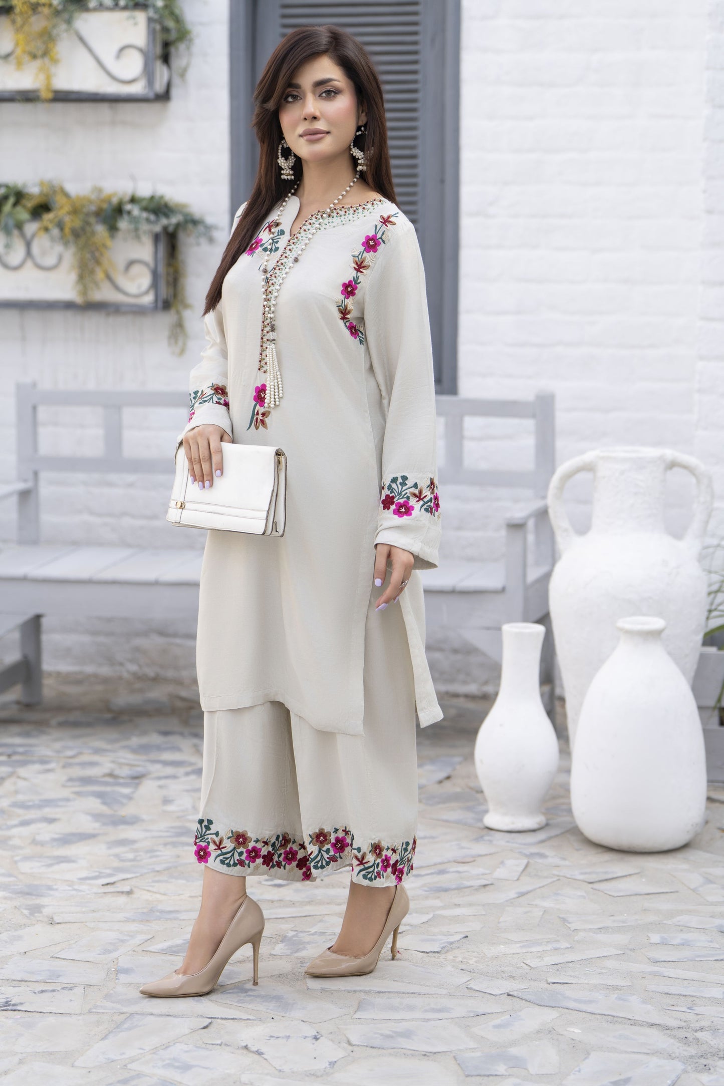 Zaiwa Beige Linen 2pc Handmade Neckline Designer Womenswear | Sku Code: ZBRW11