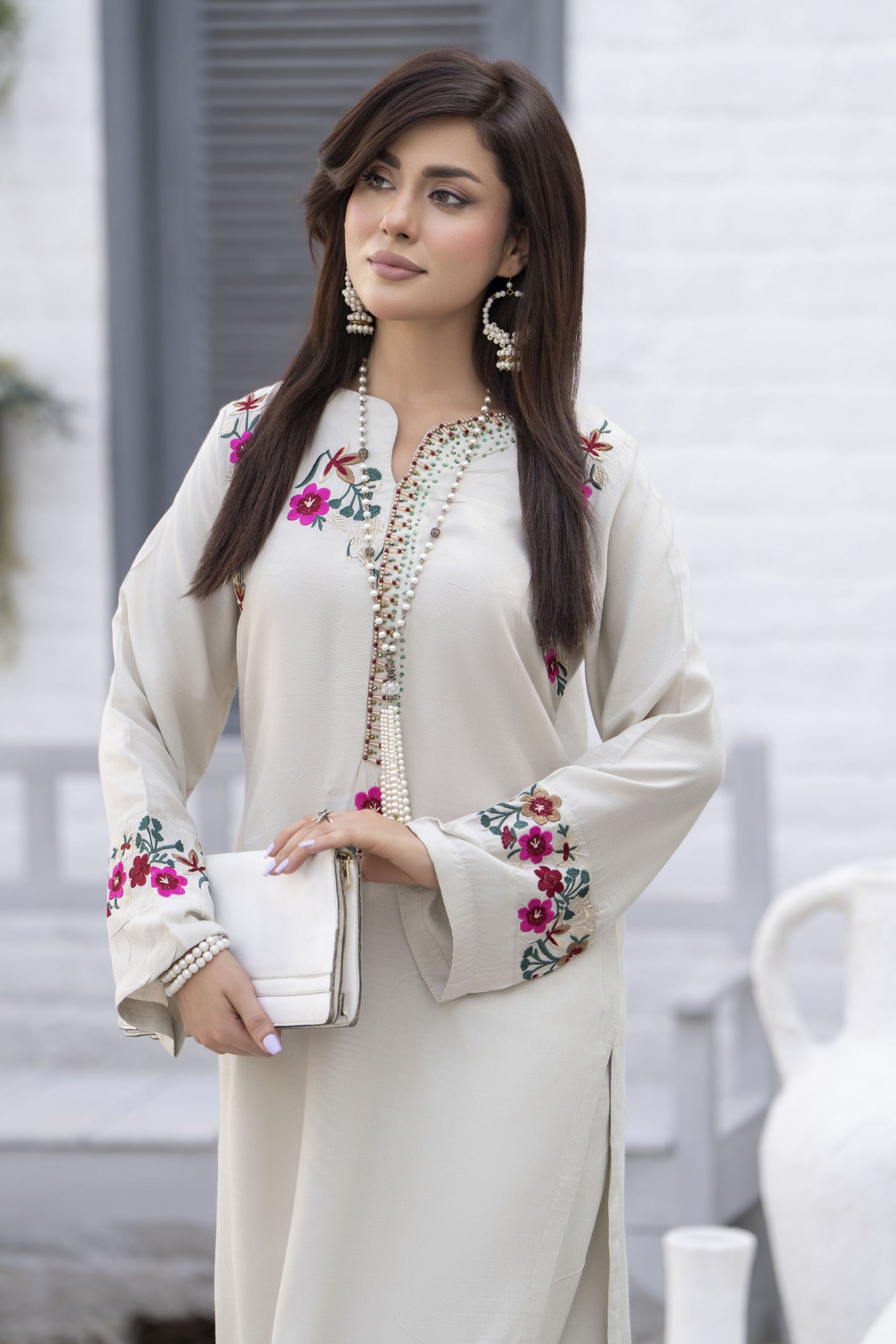 Zaiwa Beige Linen 2pc Handmade Neckline Designer Womenswear | Sku Code: ZBRW11