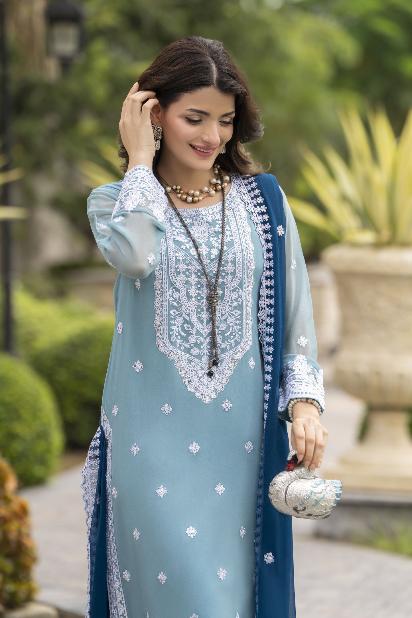Whispers by Aleezay – Powder Blue Chiffon 3pc Ready to Wear Dress WBA5