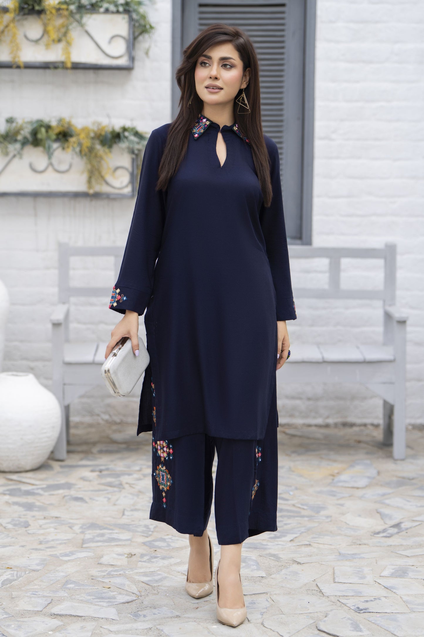 Zaiwa Navy Blue 2PC Ready to Wear Embroidered Linen Suit with Mirror Work LTZ7