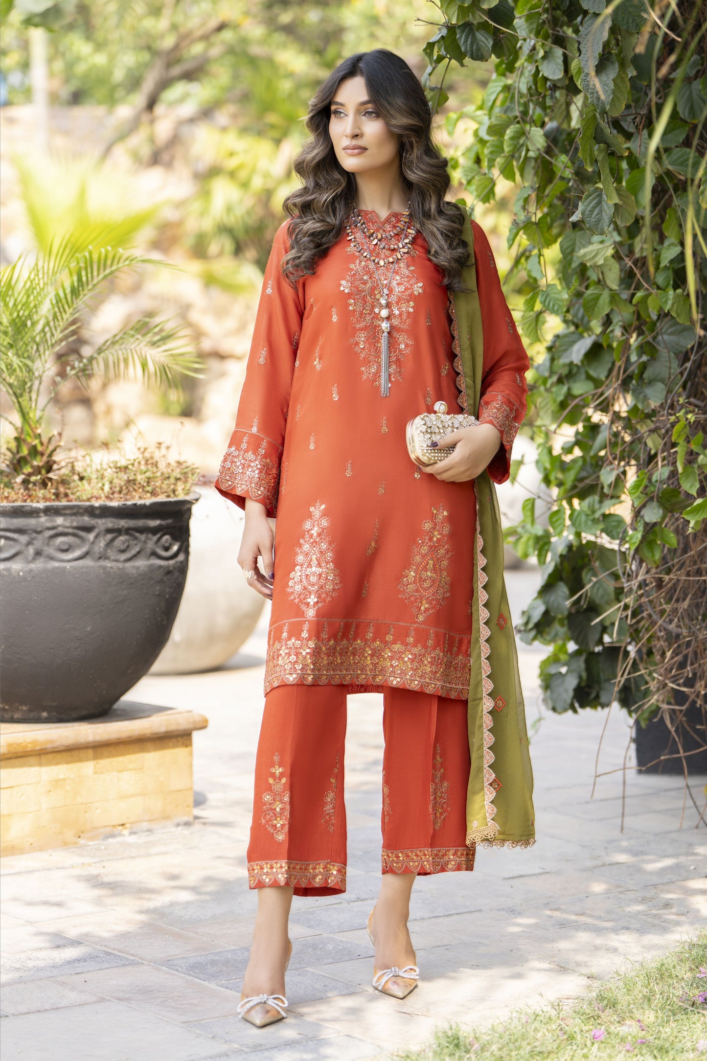Rust Orange Embroidered 3pc Raw Silk Suit with Olive Dupatta – Roshni7 by Gul Warun