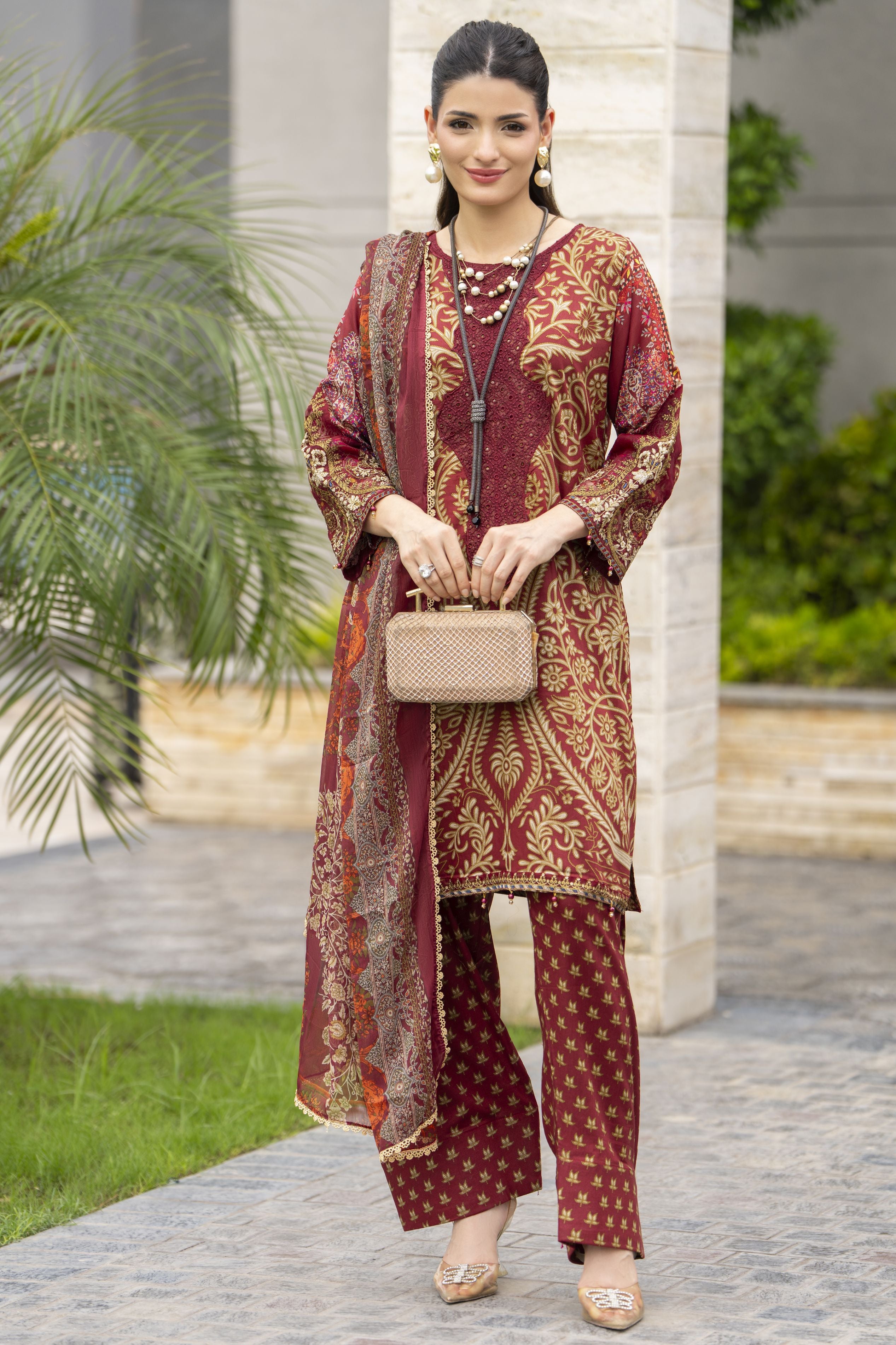 Sakeena Summer Ease – 3pc Maroon Lawn Dress with Chiffon Dupatta SSE2