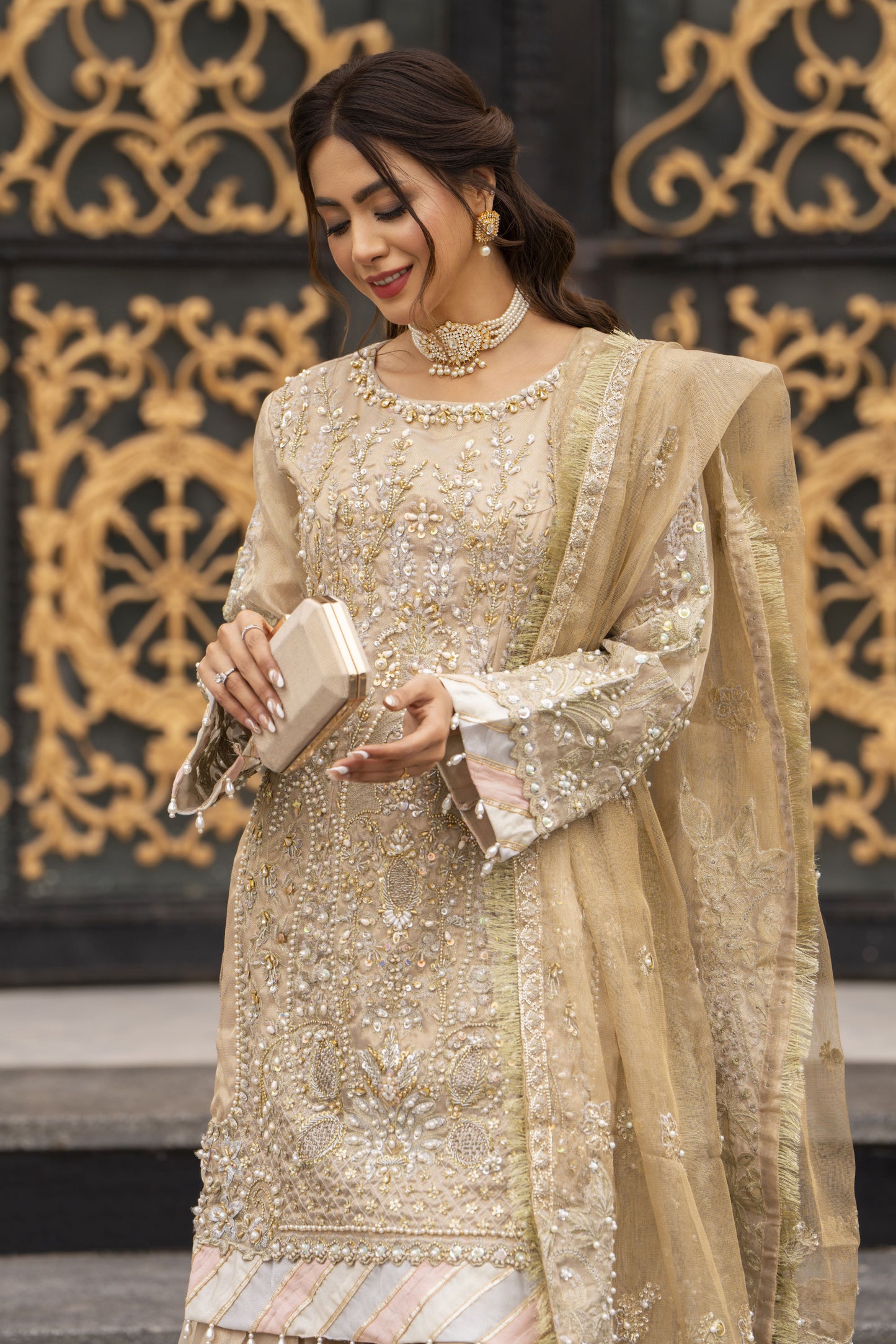 Zaiwaraat by Arwah Kundan Masoori Embroidered Shirt with Gharara & Dupatta ZWR03