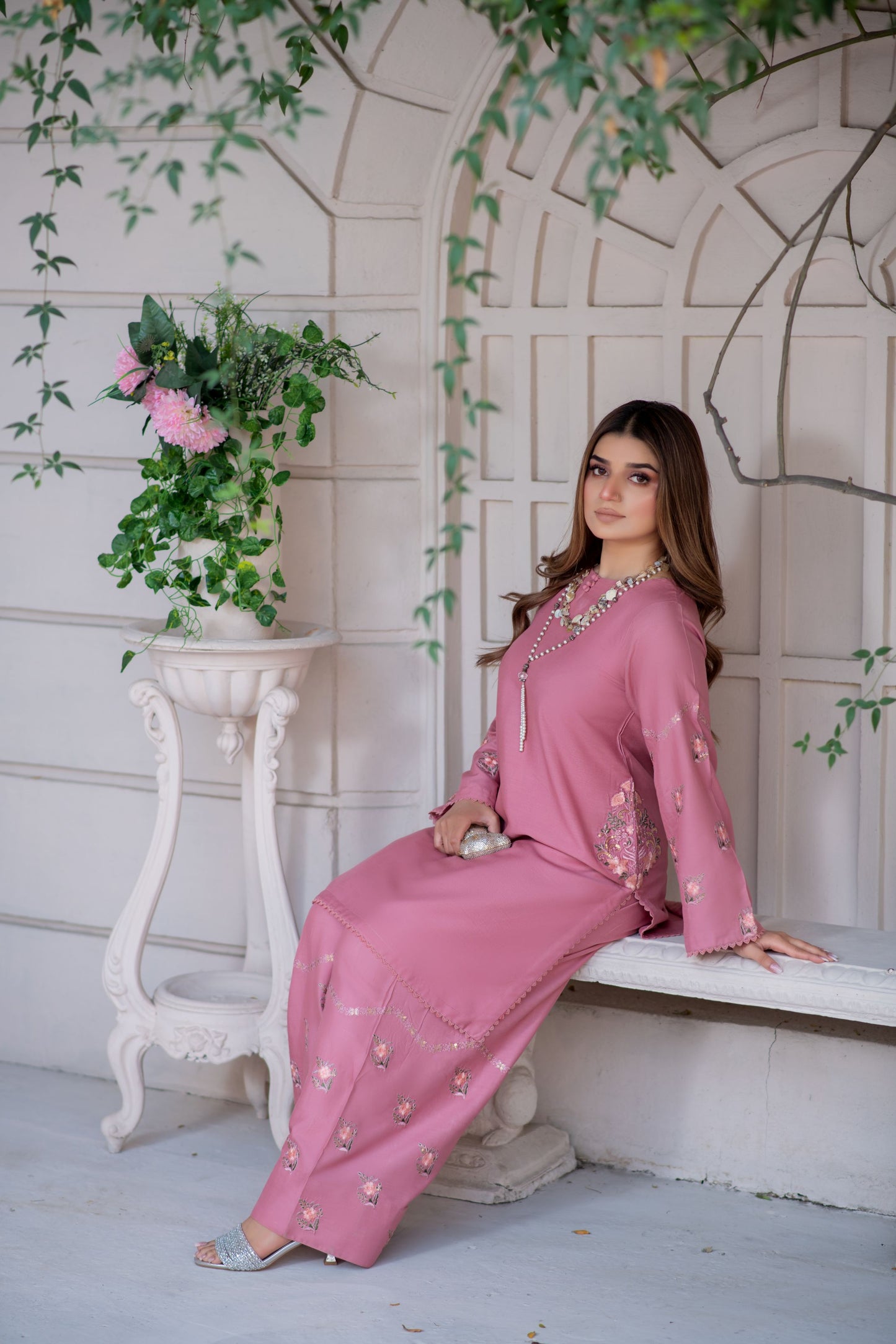 Noura by Hemline Blush 2pc Viscose Suit with Farshi Shalwar NH3