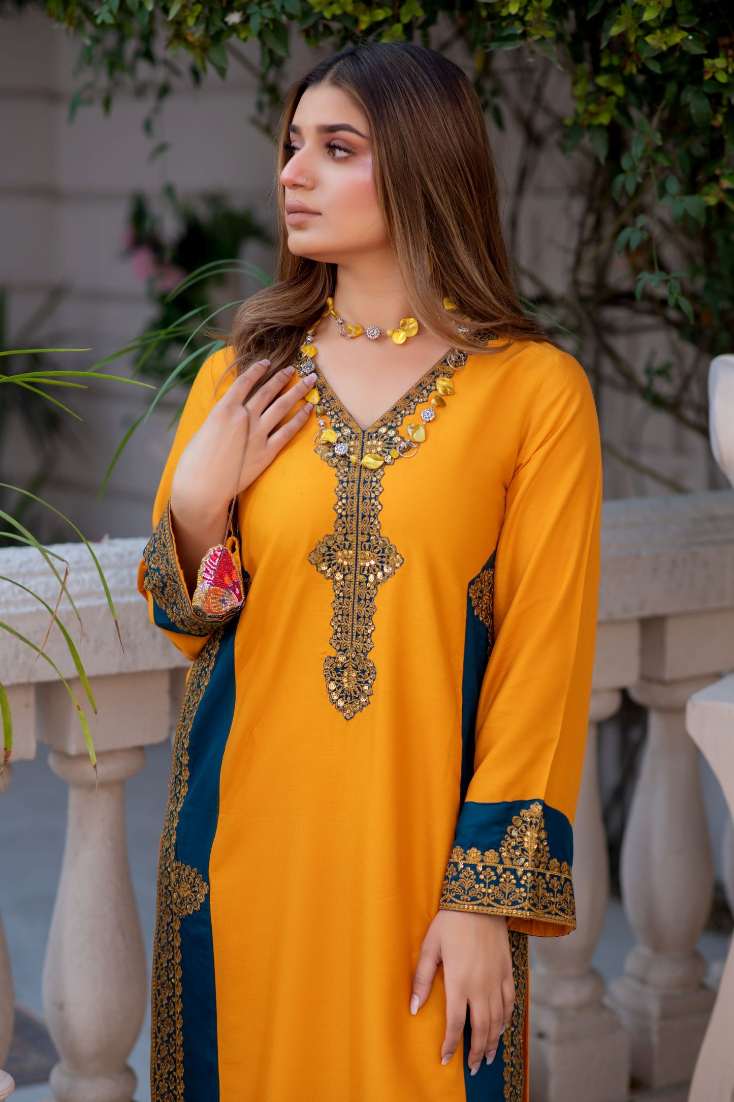 Noura by Hemline Mustard & Teal Long 2pc Viscose Suit NH7