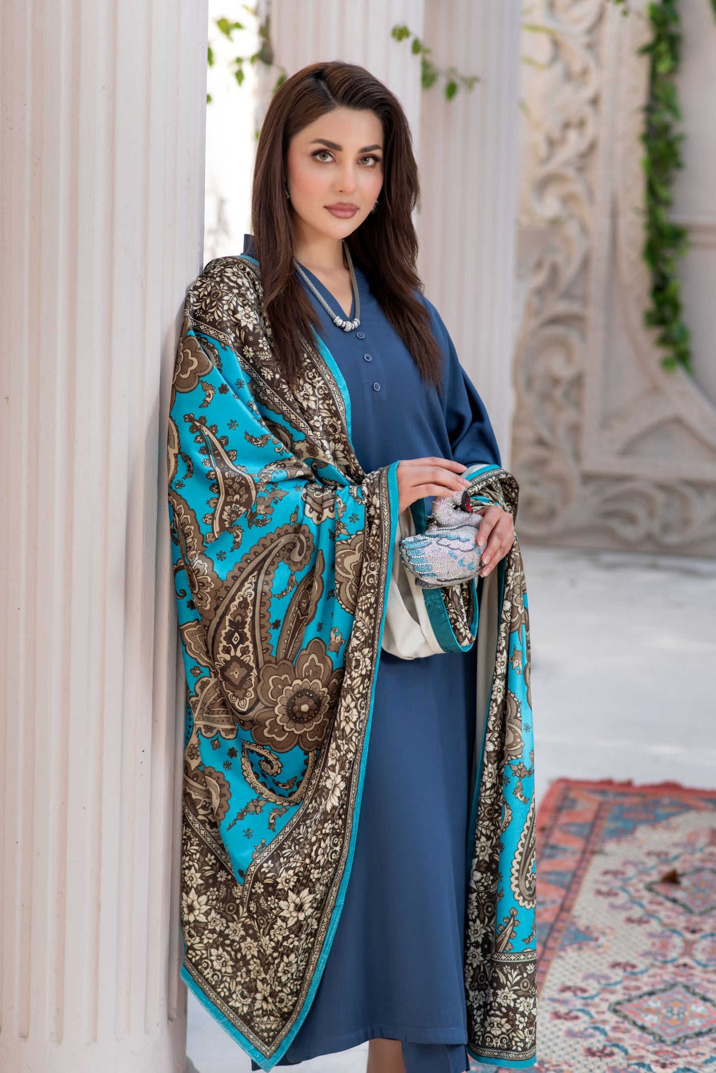 ZS7 Serah by Zaina 3pc Linen Long Dress with Printed Velvet Shawl