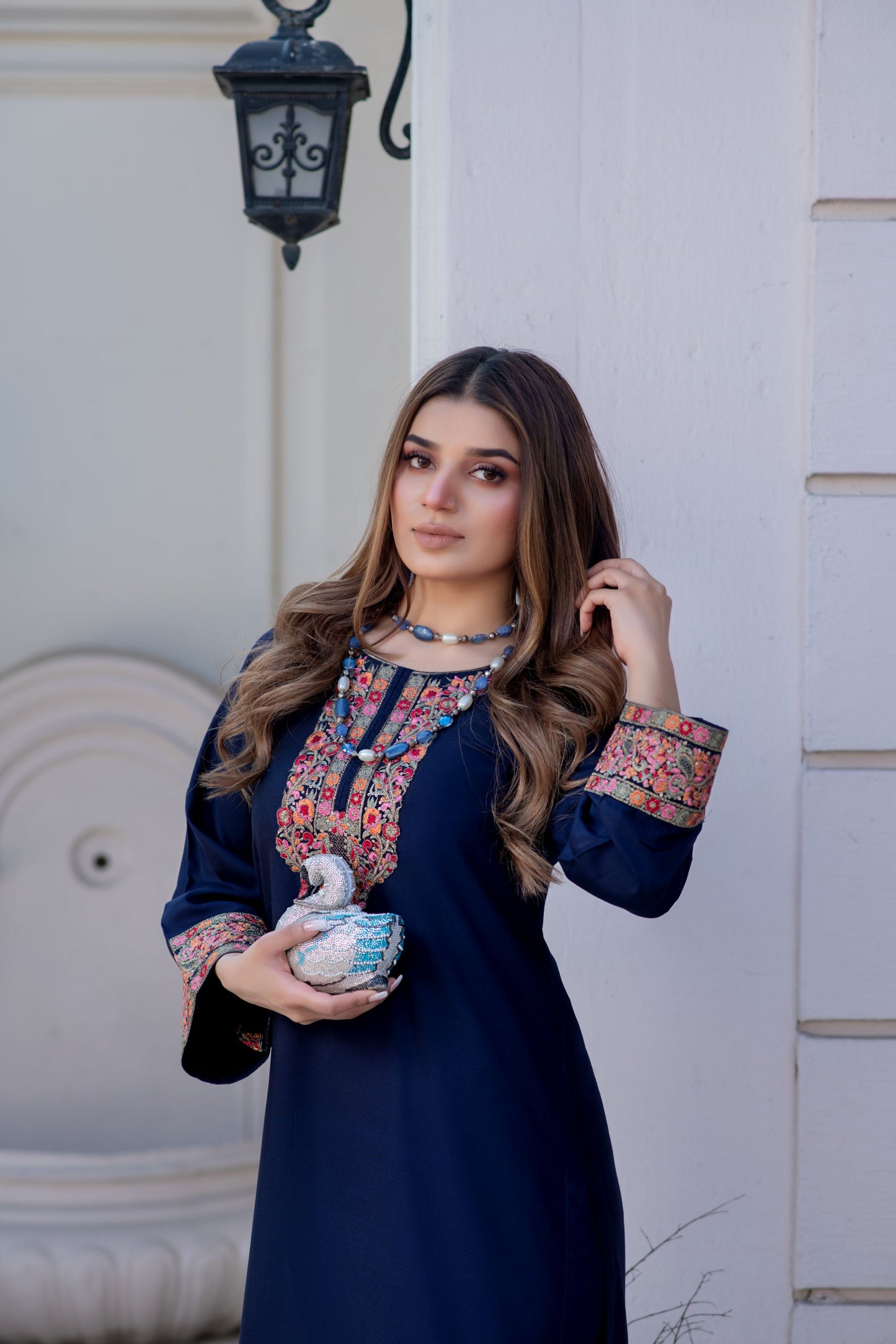 Noura by Hemline Navy Embroidered Long 2pc Viscose Suit NH4