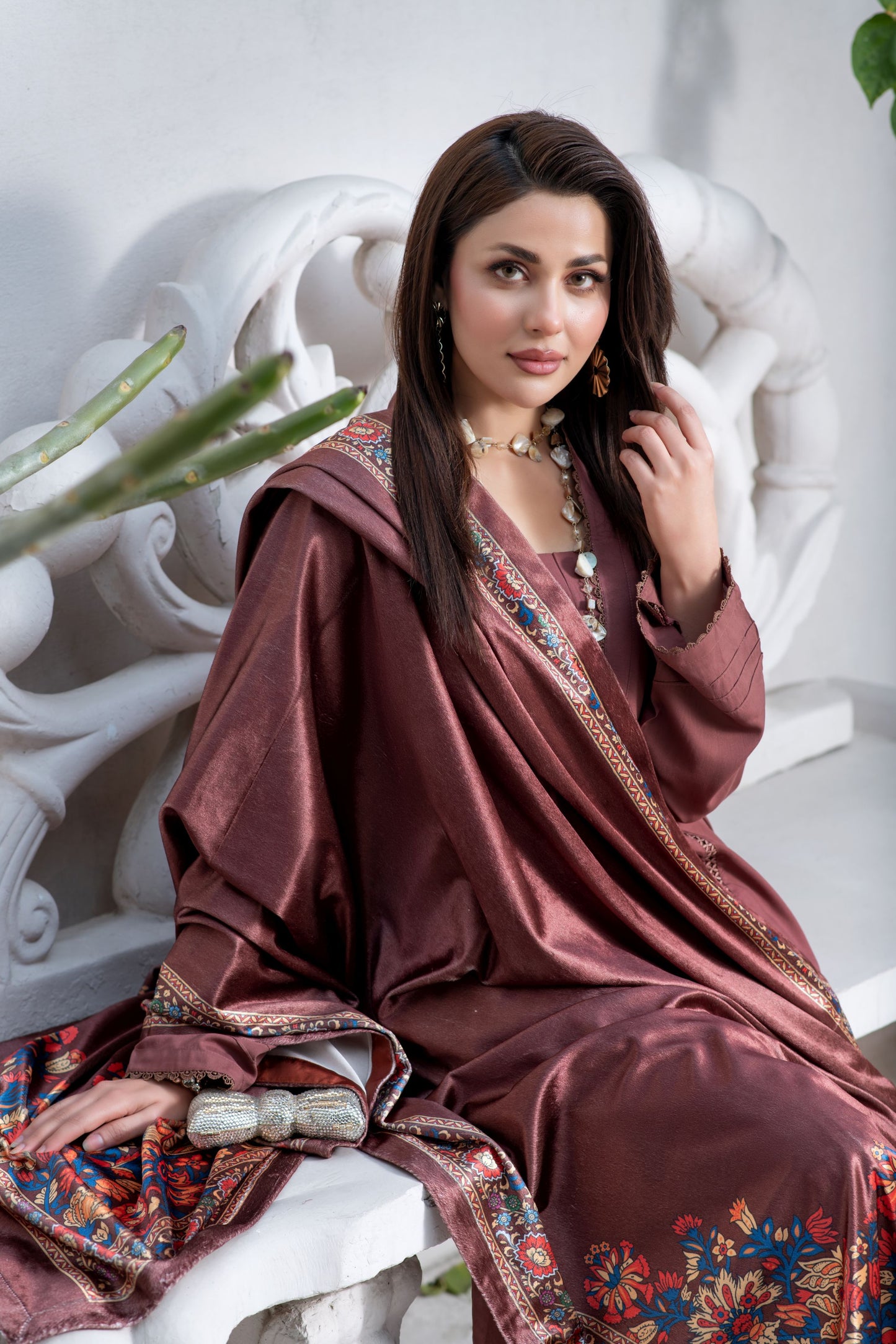 ZS3 Serah by Zaina 3pc Linen Long Dress & Printed Velvet Shawl