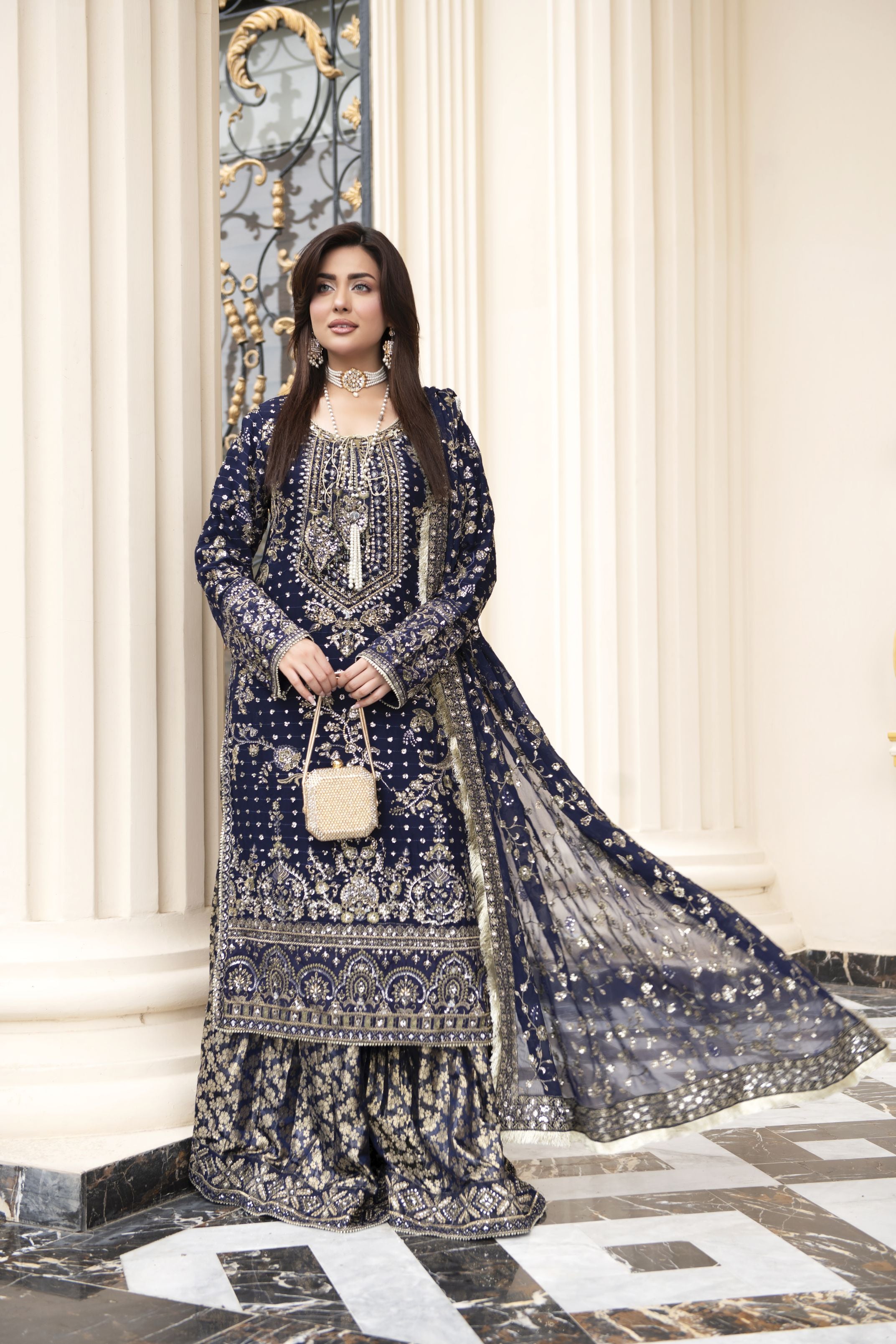 Sitara by Silver – 3pc Chiffon Handworked Dress with Brocade Sharara SBS6