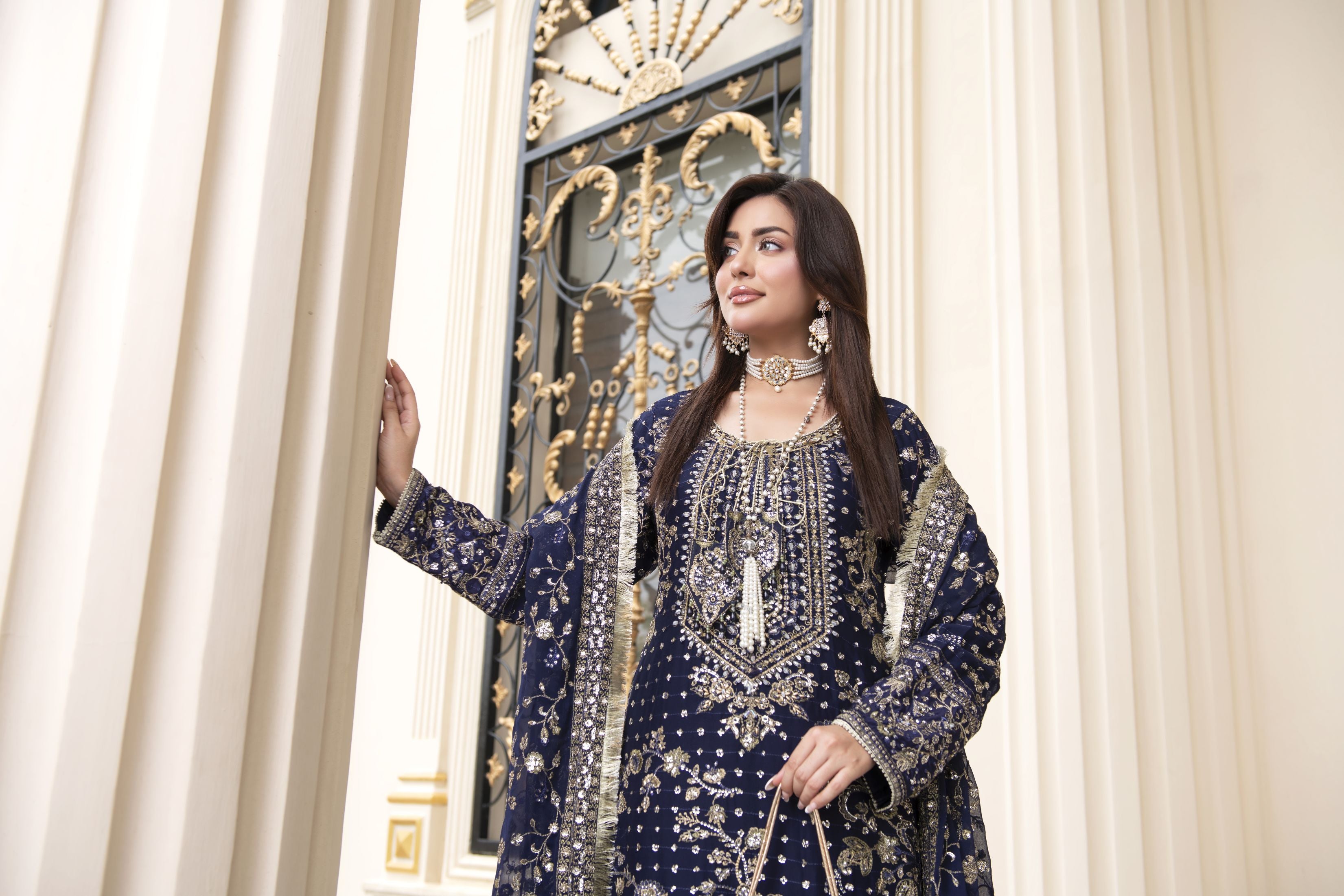 Sitara by Silver – 3pc Chiffon Handworked Dress with Brocade Sharara SBS6