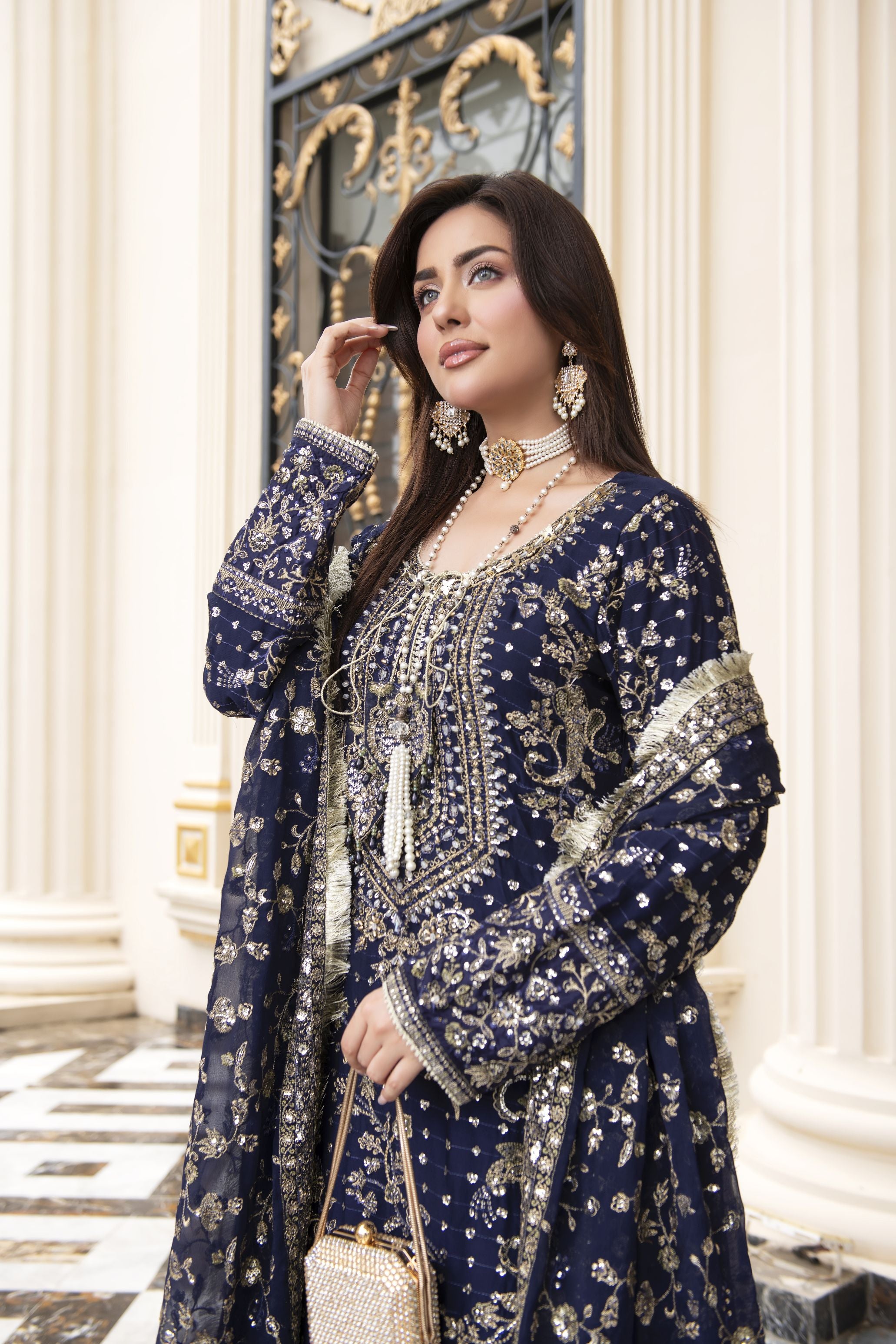 Sitara by Silver – 3pc Chiffon Handworked Dress with Brocade Sharara SBS6