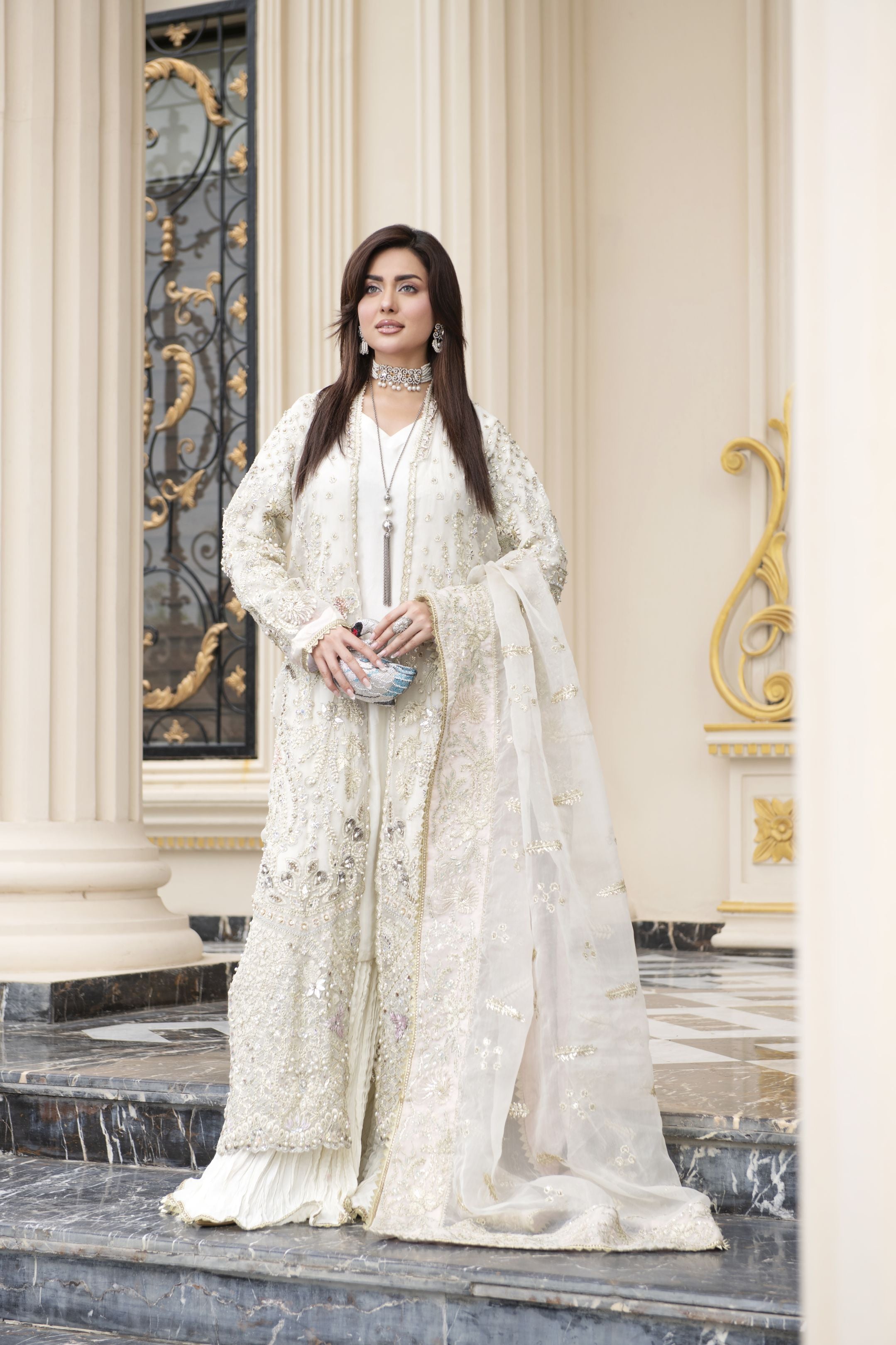 Ivory Embellished Organza Gown Style 3pc Dress with Crushed Sharara by Silver SBS11