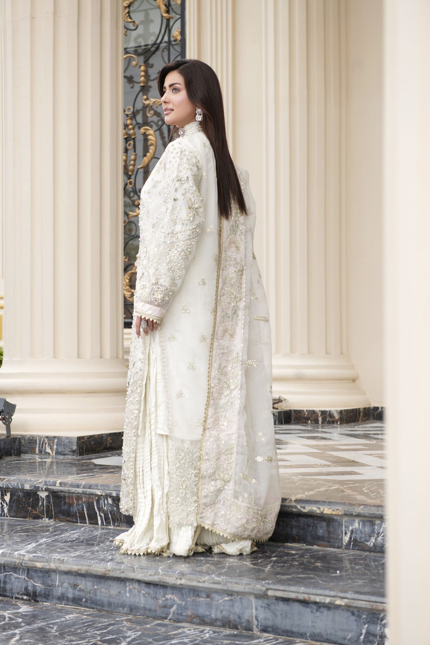 Ivory Embellished Organza Gown Style 3pc Dress with Crushed Sharara by Silver SBS11