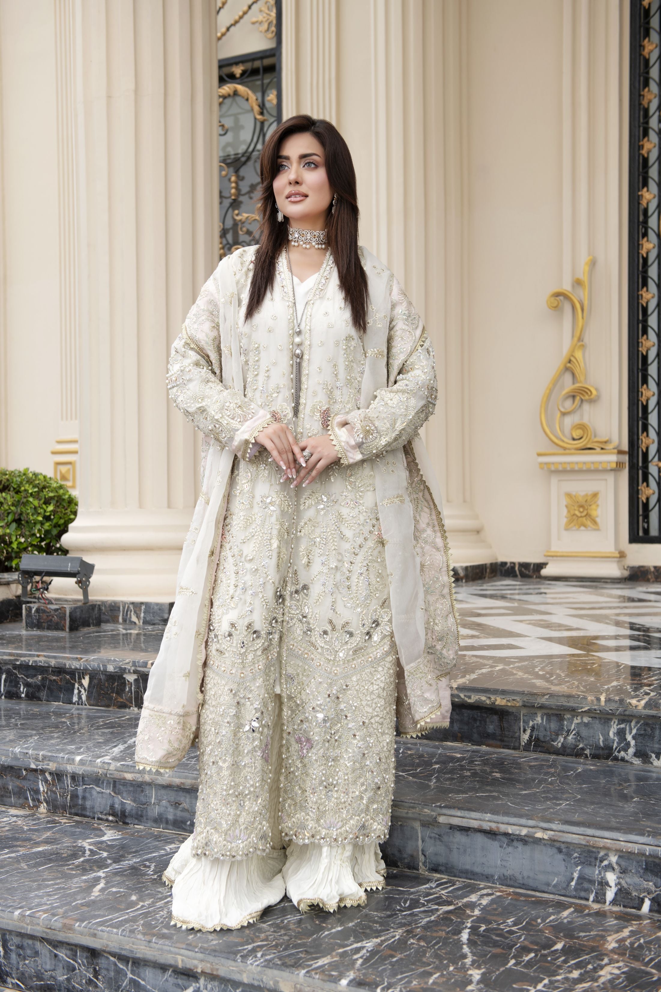 Ivory Embellished Organza Gown Style 3pc Dress with Crushed Sharara by Silver SBS11