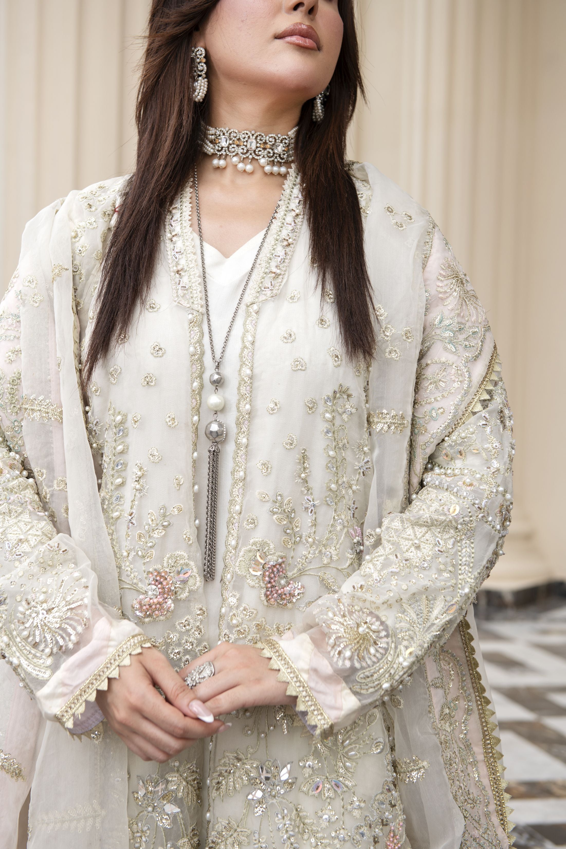 Ivory Embellished Organza Gown Style 3pc Dress with Crushed Sharara by Silver SBS11